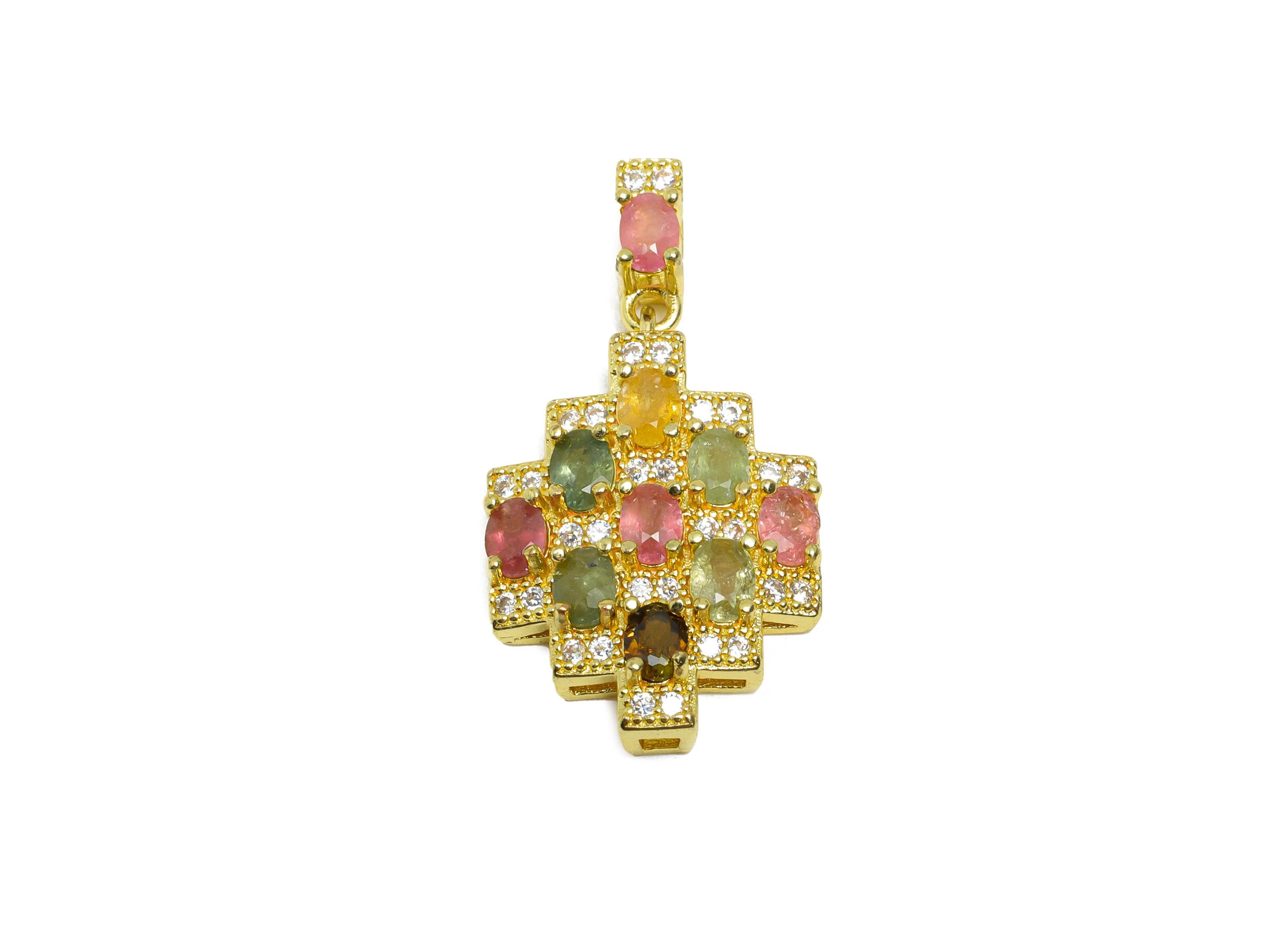 Brass Tourmaline Geometric Pendant - Sparkling Oval Zircon Necklace Pendant - Jewelry Making - KC Gold Tone Plated - 29.8x15x4mm - PP11478 - DOMEDBAZAAR