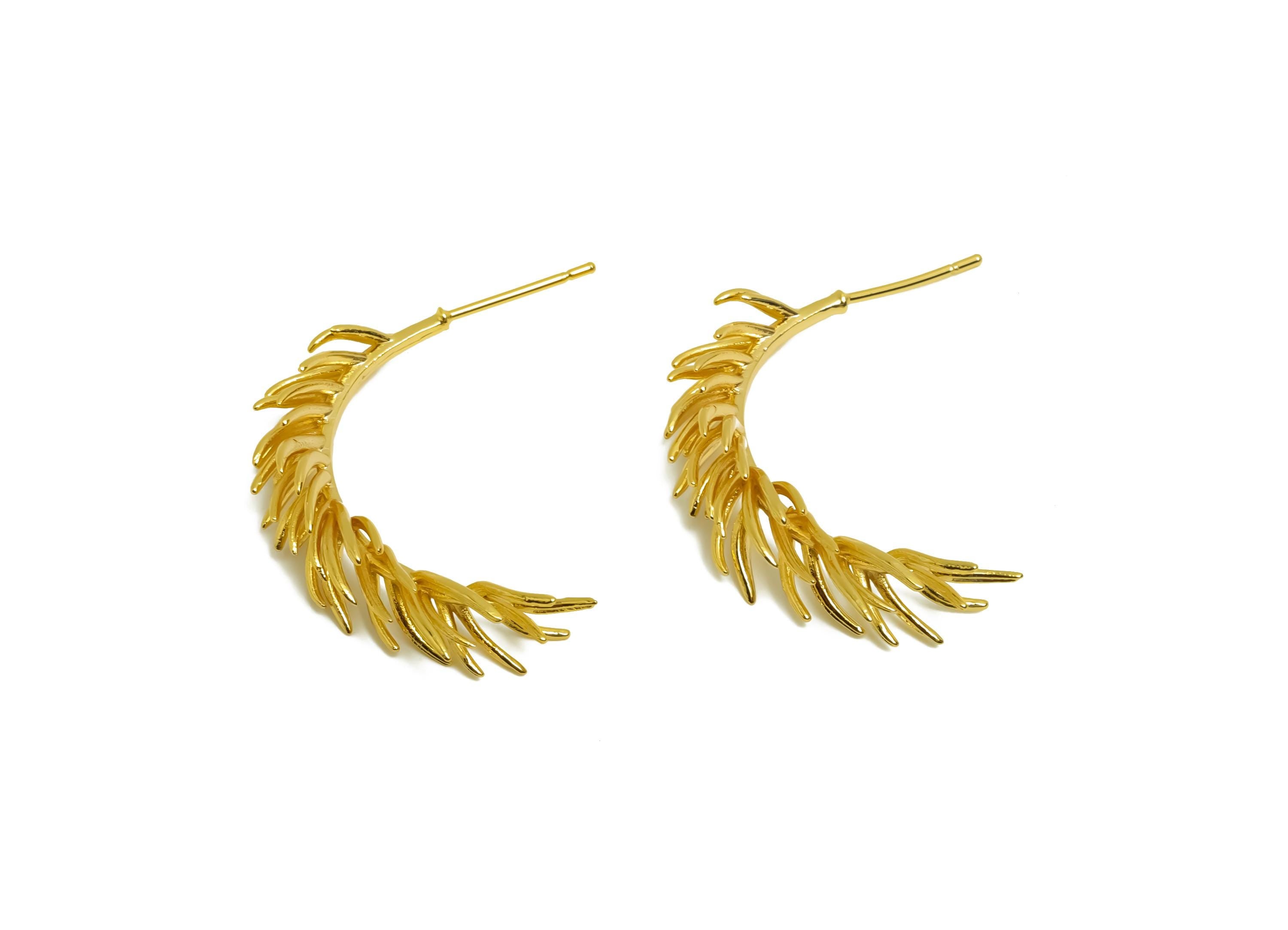 Brass Branch Earring Stud - Dainty Botanical Earring Post - Gold Woman&#39;s Daily Wear Ear - 18K Real Gold Plated - 31x6x3.87mm- RGP8673 - DOMEDBAZAAR