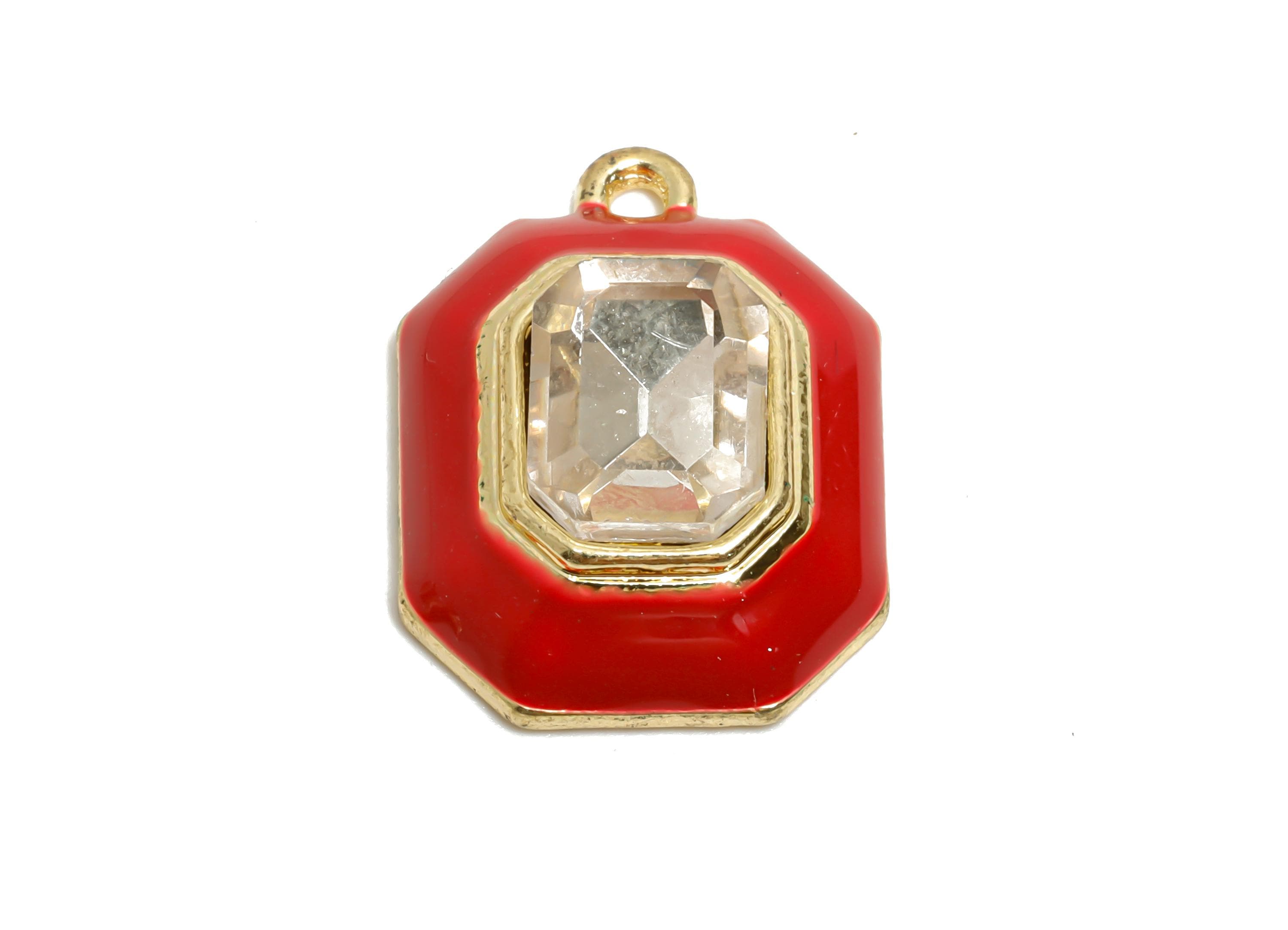 Alloy Octagon Pendant - Red Enamel Crystal Charm for Necklace - Dainty Geometric Charm for Jewelry - KC Gold Plated - 22x17x8mm - AC3543B - DOMEDBAZAAR