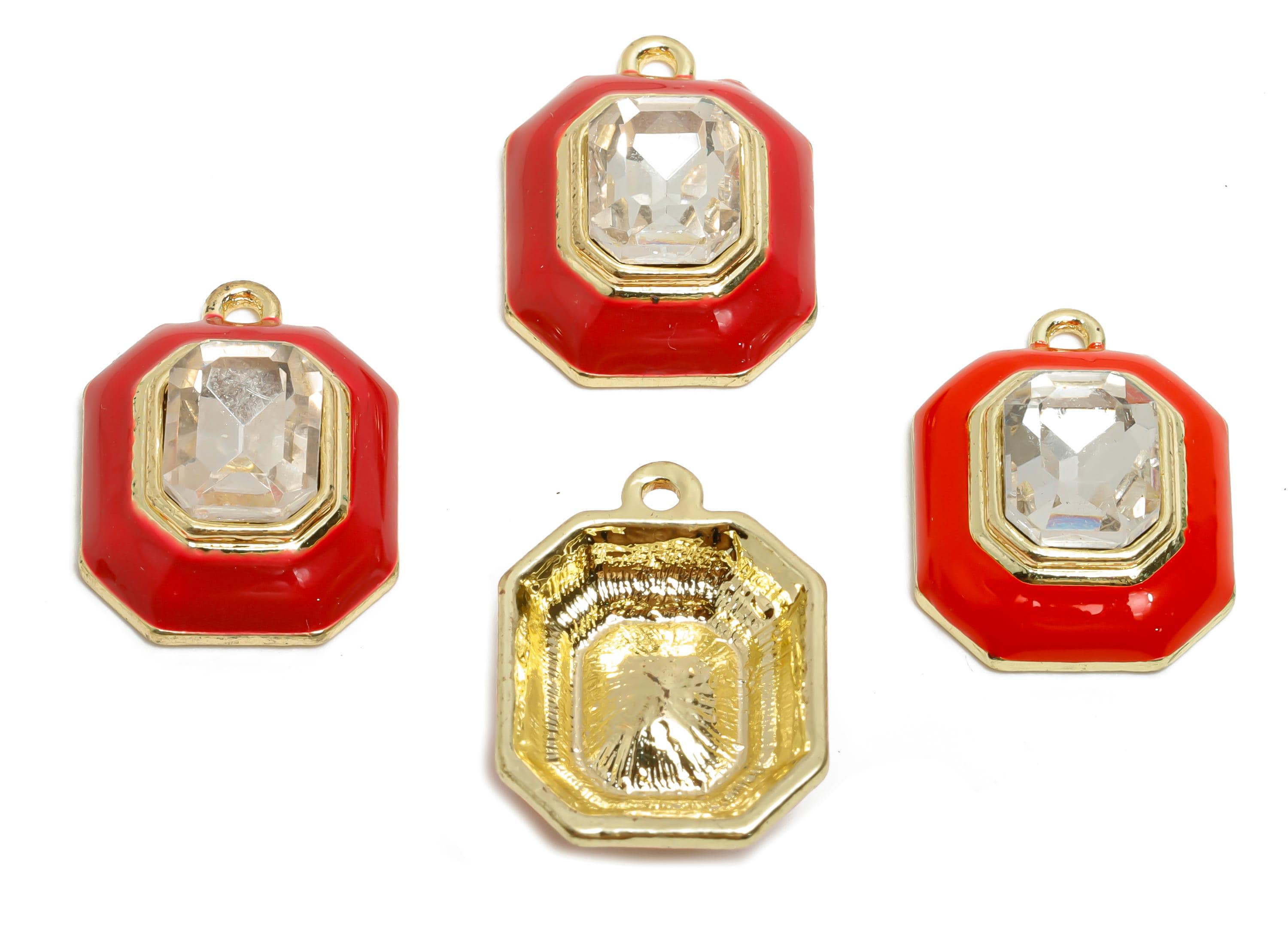 Alloy Octagon Pendant - Red Enamel Crystal Charm for Necklace - Dainty Geometric Charm for Jewelry - KC Gold Plated - 22x17x8mm - AC3543B - DOMEDBAZAAR