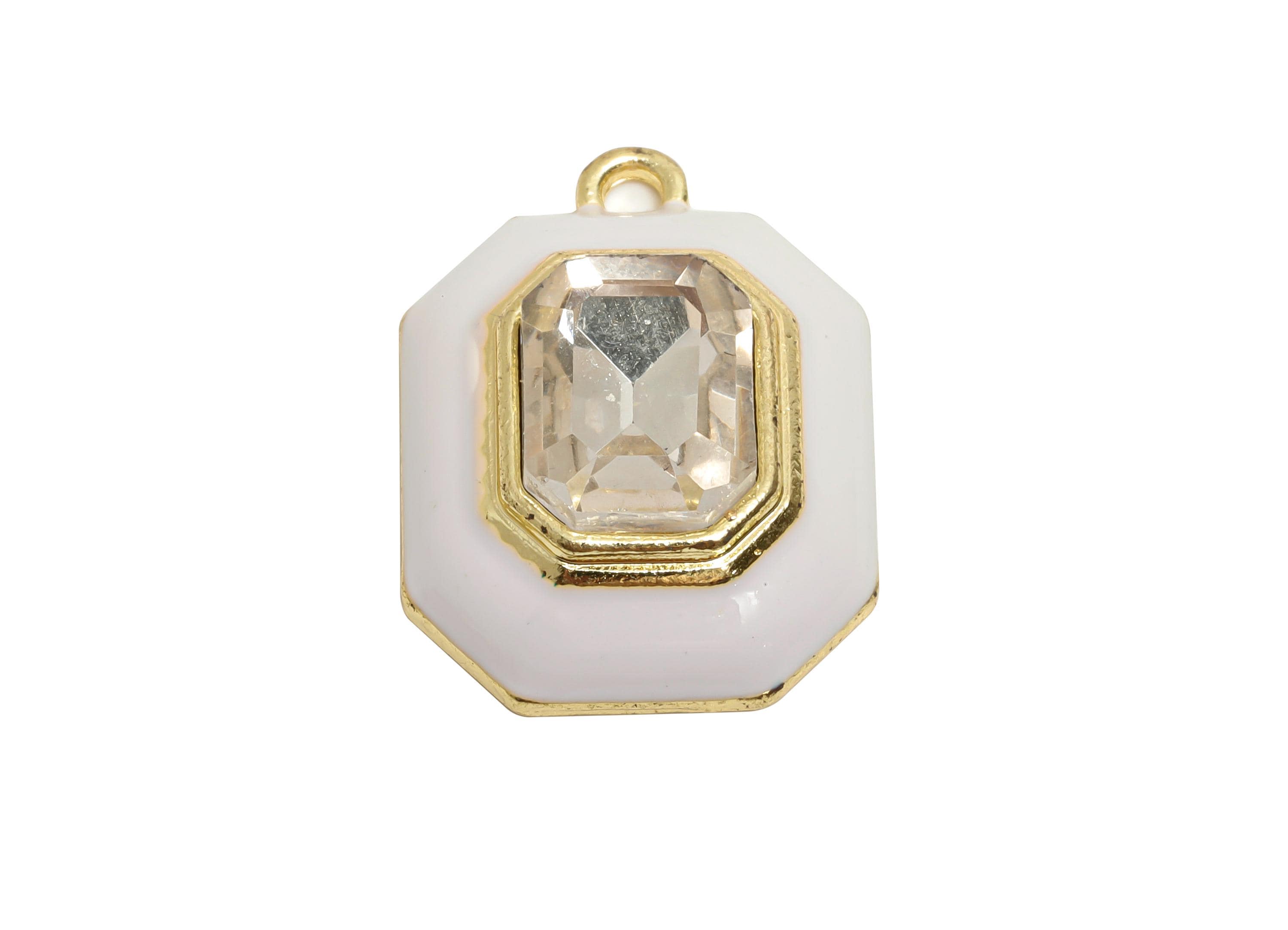 Alloy Octagon Pendant - White Enamel Crystal Charm for Necklace - Dainty Geometric Charm for Jewelry - KC Gold Plated - 22x17x8mm - AC3543C - DOMEDBAZAAR
