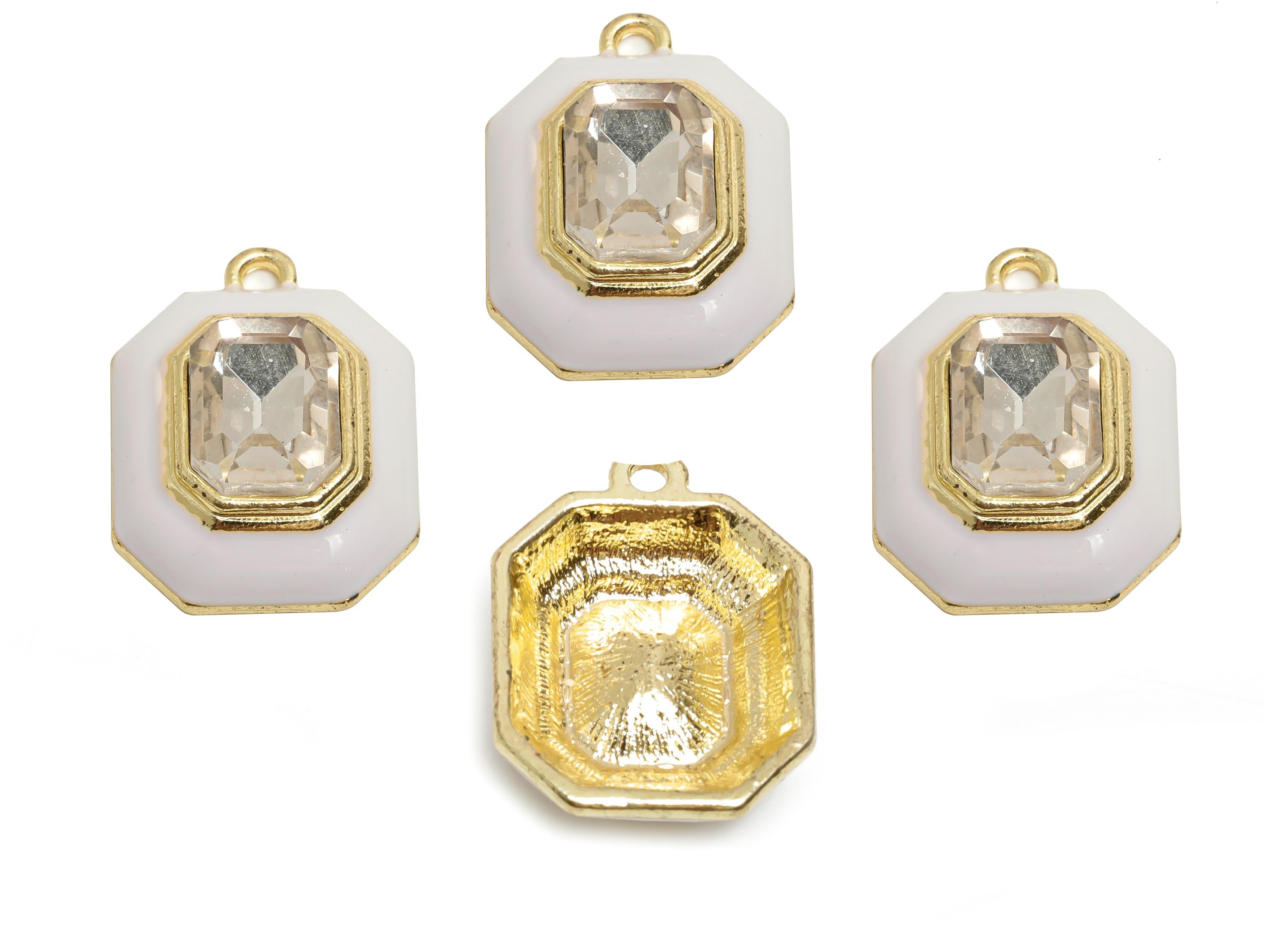 Alloy Octagon Pendant - White Enamel Crystal Charm for Necklace - Dainty Geometric Charm for Jewelry - KC Gold Plated - 22x17x8mm - AC3543C - DOMEDBAZAAR