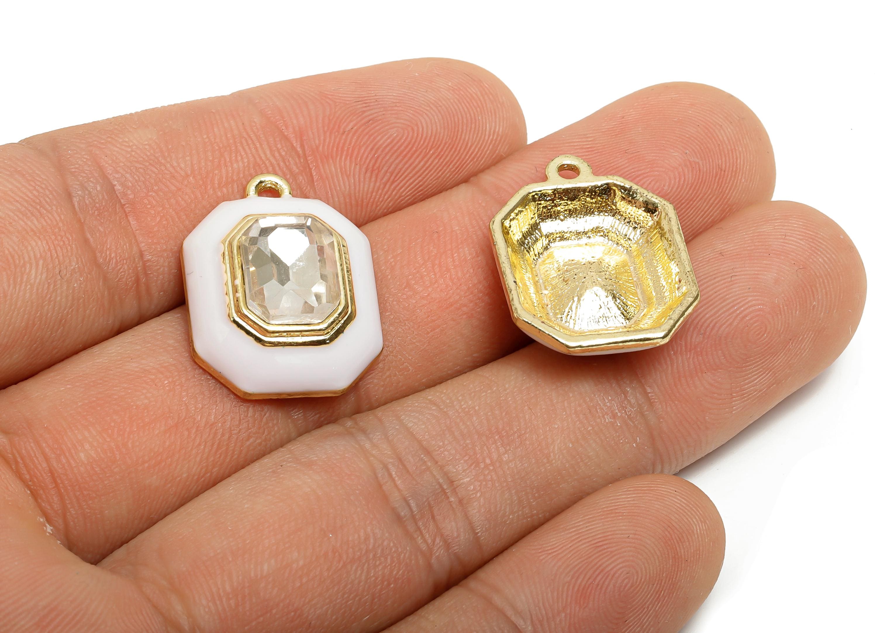 Alloy Octagon Pendant - White Enamel Crystal Charm for Necklace - Dainty Geometric Charm for Jewelry - KC Gold Plated - 22x17x8mm - AC3543C - DOMEDBAZAAR