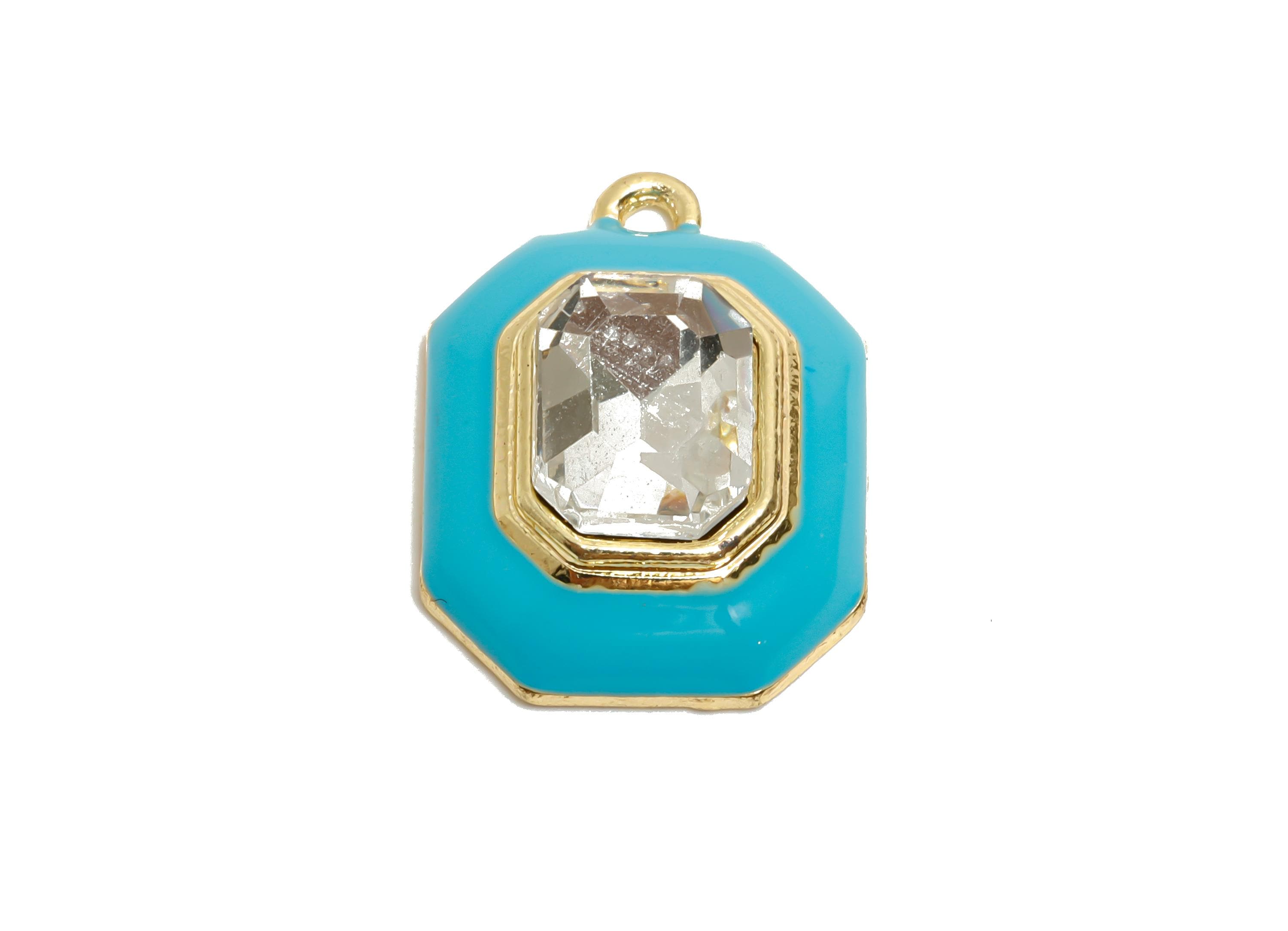 Alloy Octagon Pendant - Blue Enamel Crystal Charm for Necklace - Dainty Geometric Charm for Jewelry - KC Gold Plated - 22x17x8mm - AC3543F - DOMEDBAZAAR