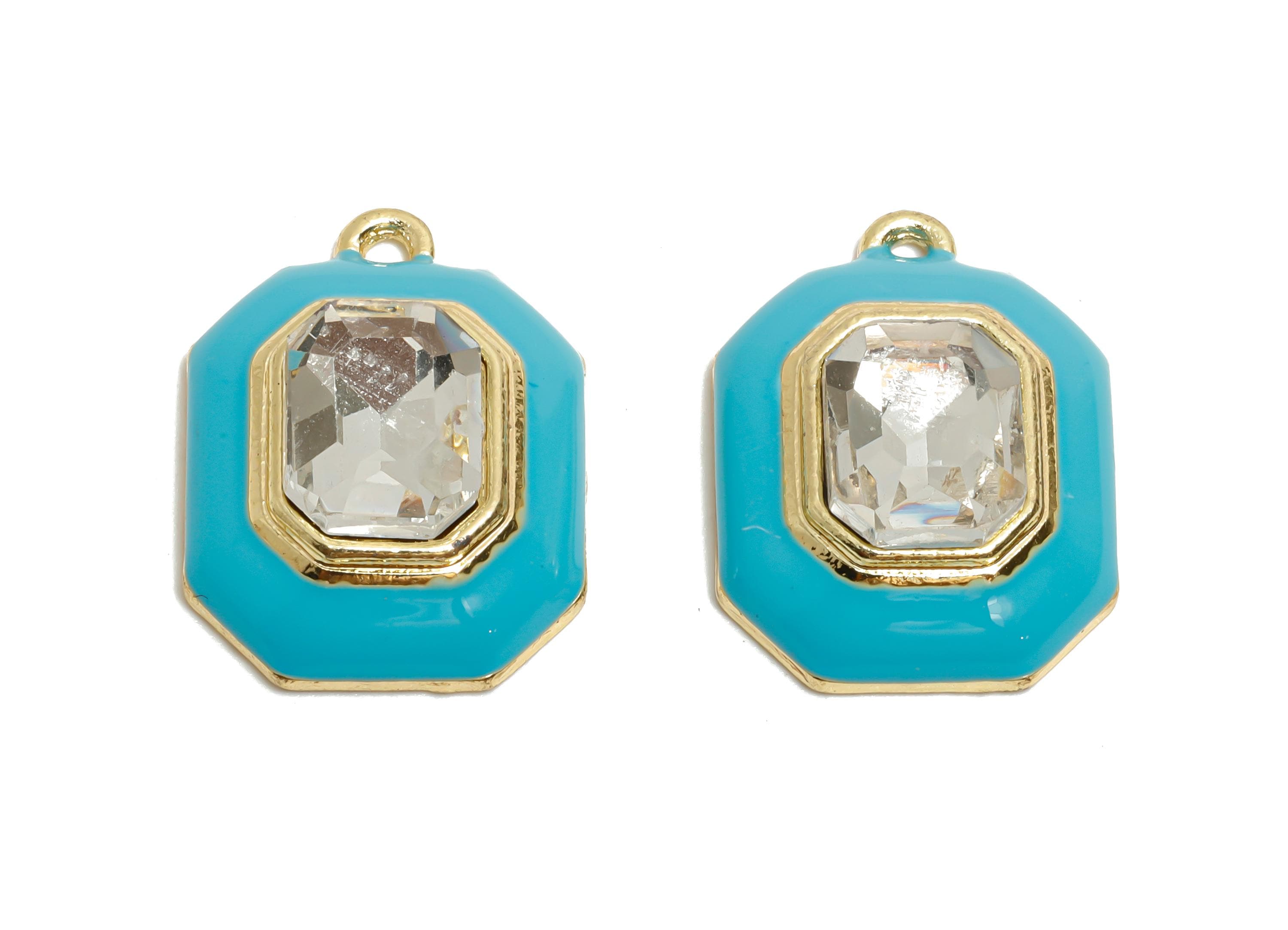 Alloy Octagon Pendant - Blue Enamel Crystal Charm for Necklace - Dainty Geometric Charm for Jewelry - KC Gold Plated - 22x17x8mm - AC3543F - DOMEDBAZAAR