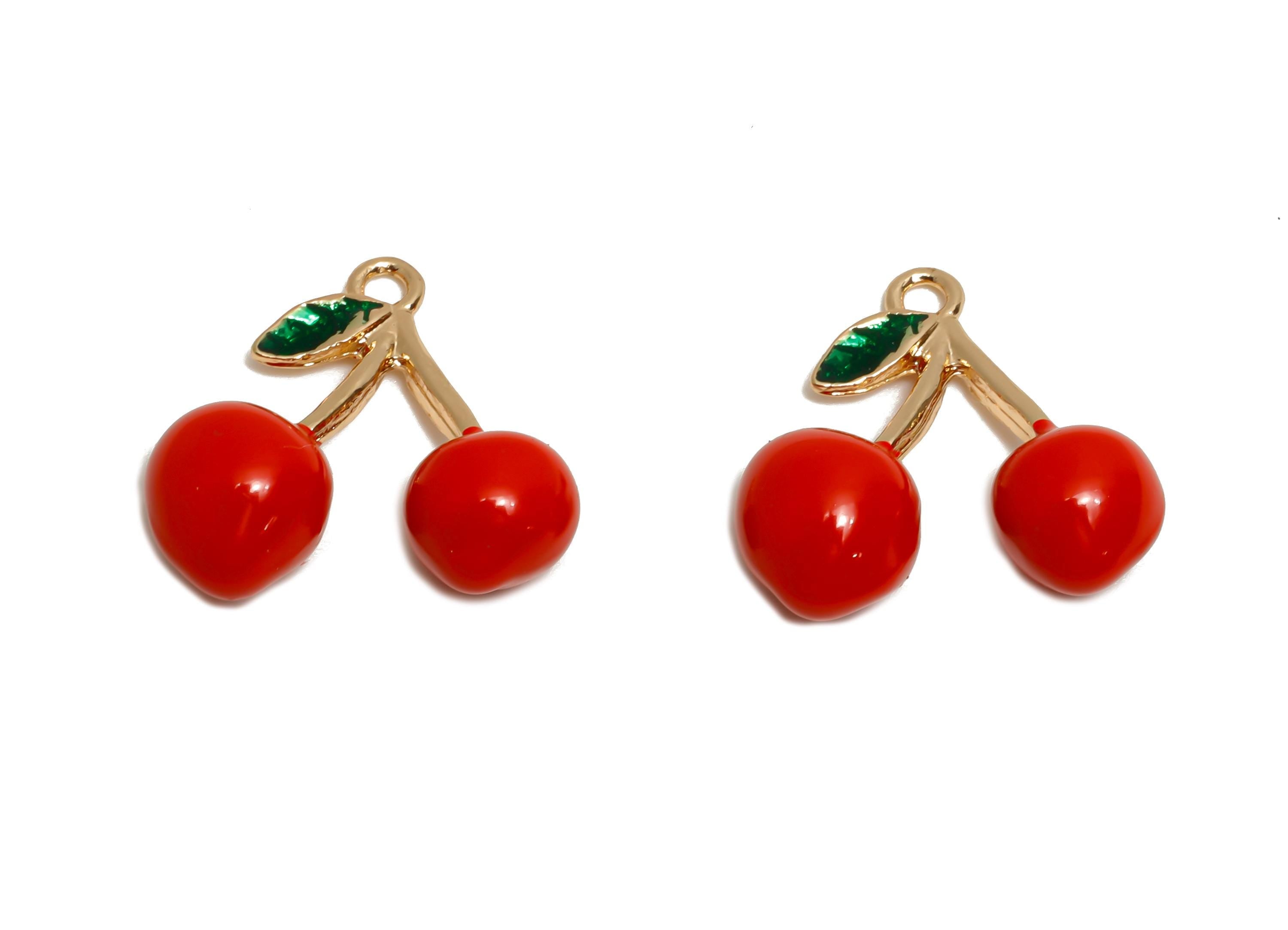 Alloy Enamel Cherry Charm - Double Cherry Jewelry Charm - Cherry Keychain Accessory - Cartoon Style Cherry Pendant - 17x17.59x7.29mm-AC3533 - DOMEDBAZAAR