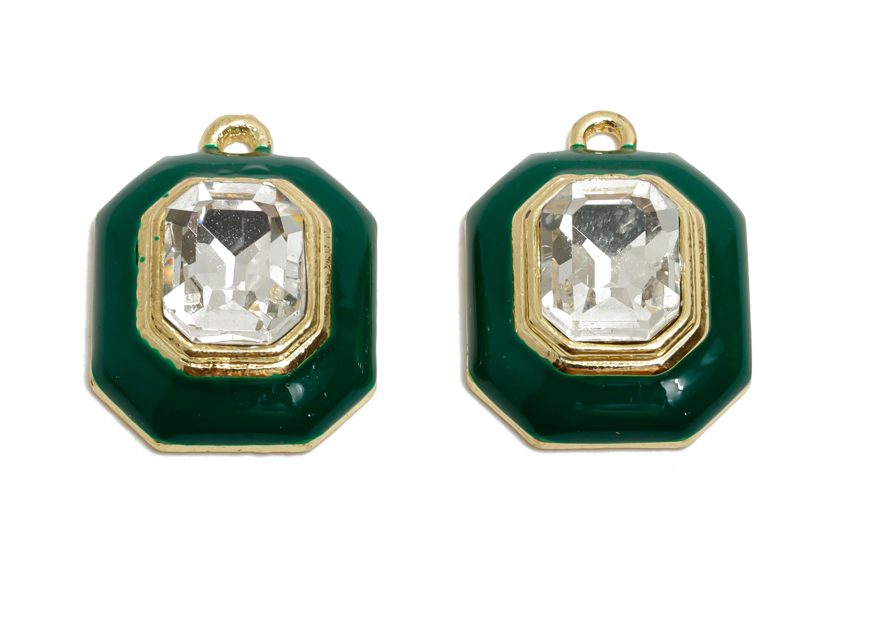 Alloy Octagon Pendant - Green Enamel Crystal Charm for Necklace - Dainty Geometric Charm for Jewelry - KC Gold Plated - 22x17x8mm - AC3543J - DOMEDBAZAAR