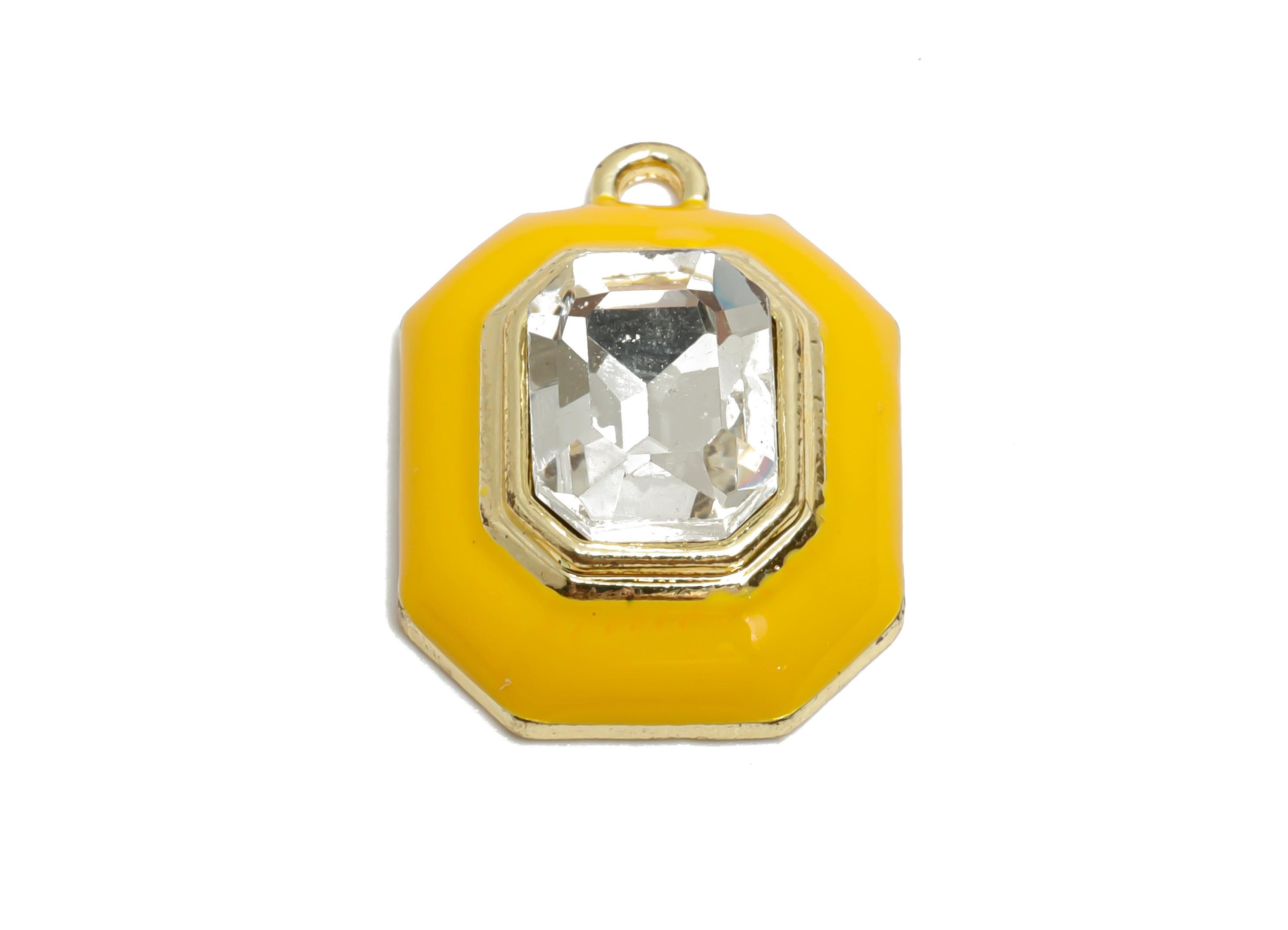 Alloy Octagon Pendant - Yellow Enamel Crystal Charm for Necklace - Dainty Geometric Charm for Jewelry - KC Gold Plated - 22x17x8mm - AC3543K - DOMEDBAZAAR
