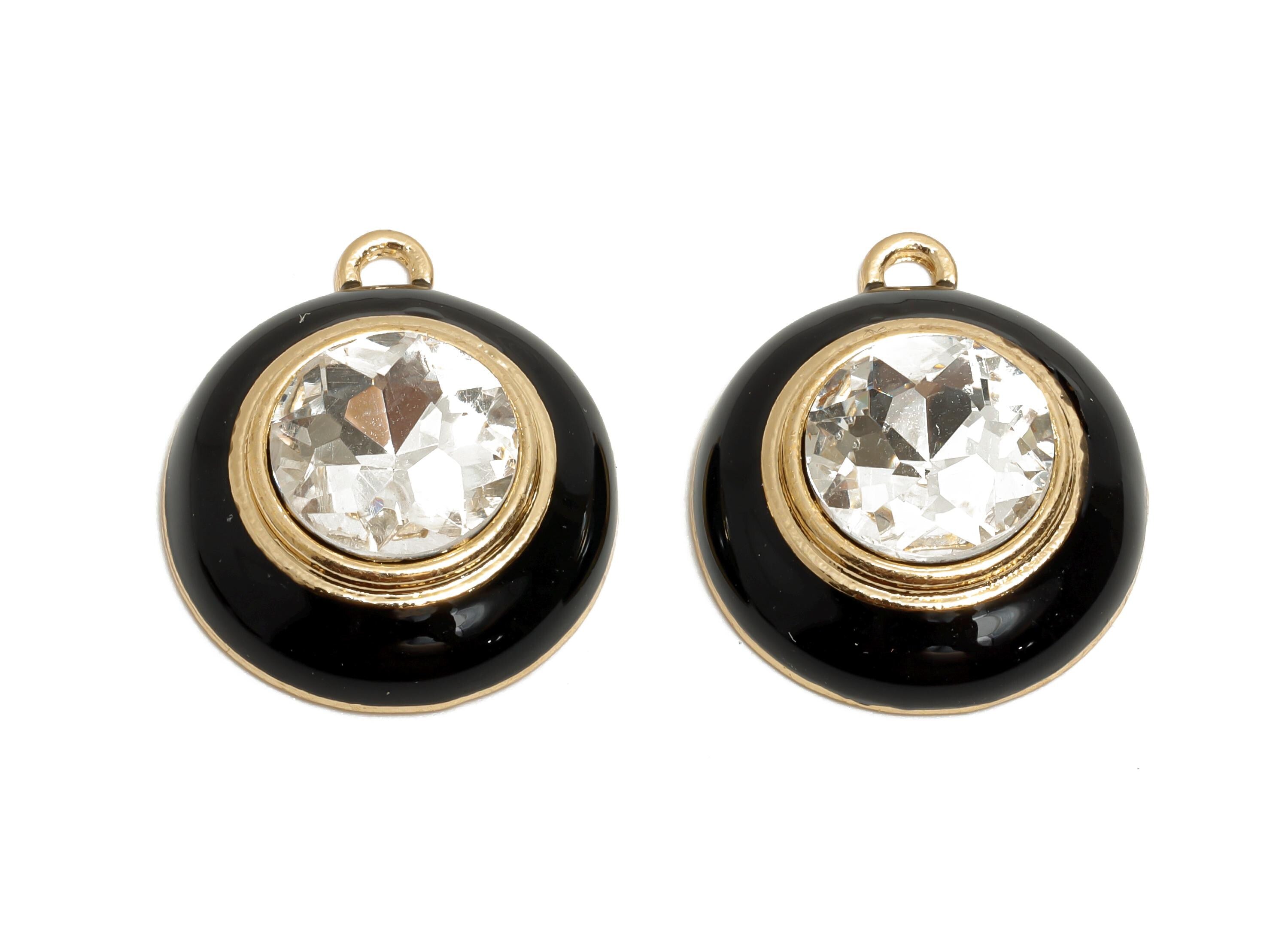 Alloy Round Crystal Pendant - Black Enamel Necklace Component - Elegant Geometric Charm for Jewelry - KC Gold Plated - 22x18x7mm - AC3542A - DOMEDBAZAAR