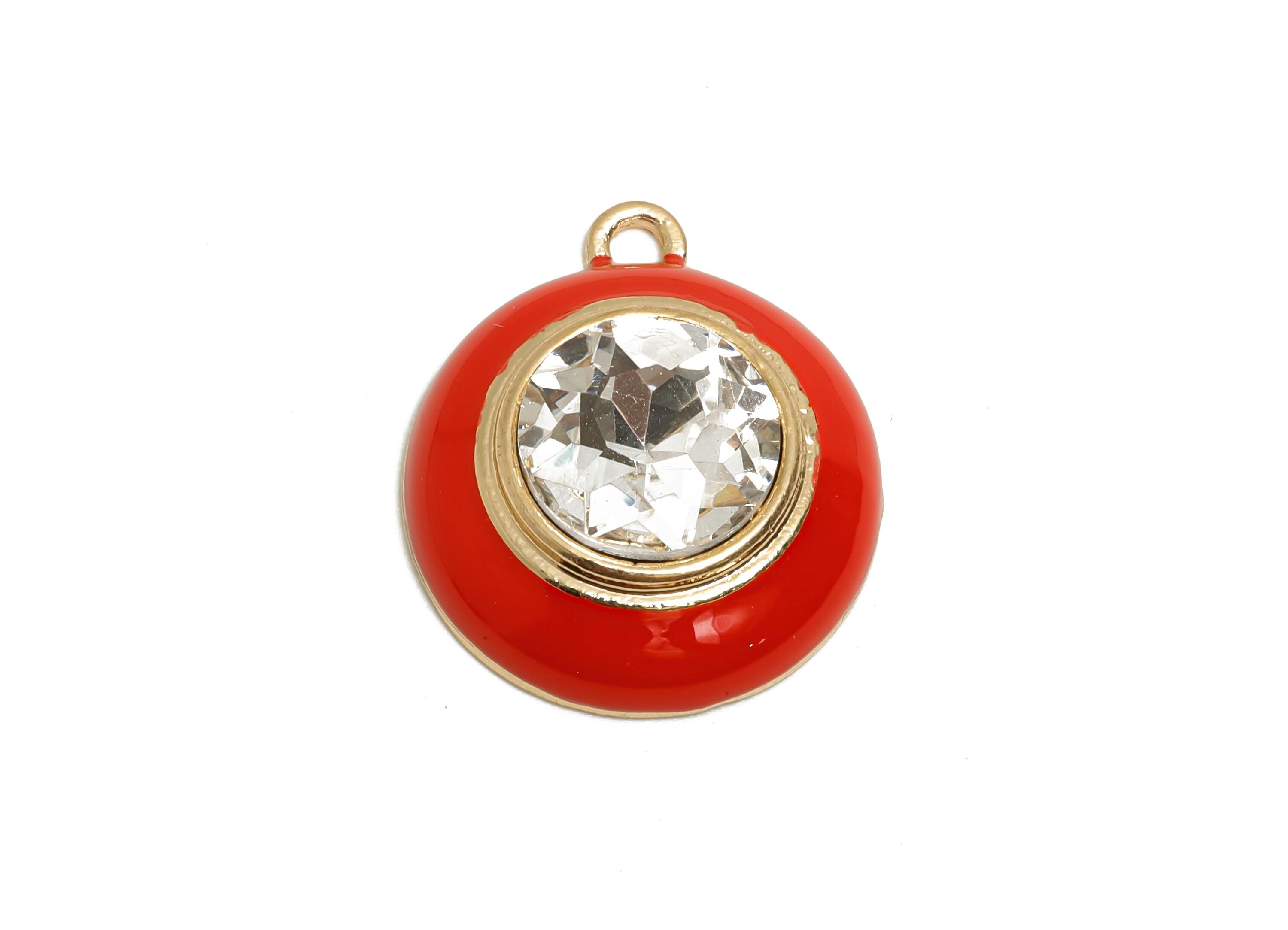 Alloy Round Crystal Pendant - Red Enamel Necklace Component - Elegant Geometric Charm for Jewelry - KC Gold Plated - 22x18x7mm - AC3542B - DOMEDBAZAAR