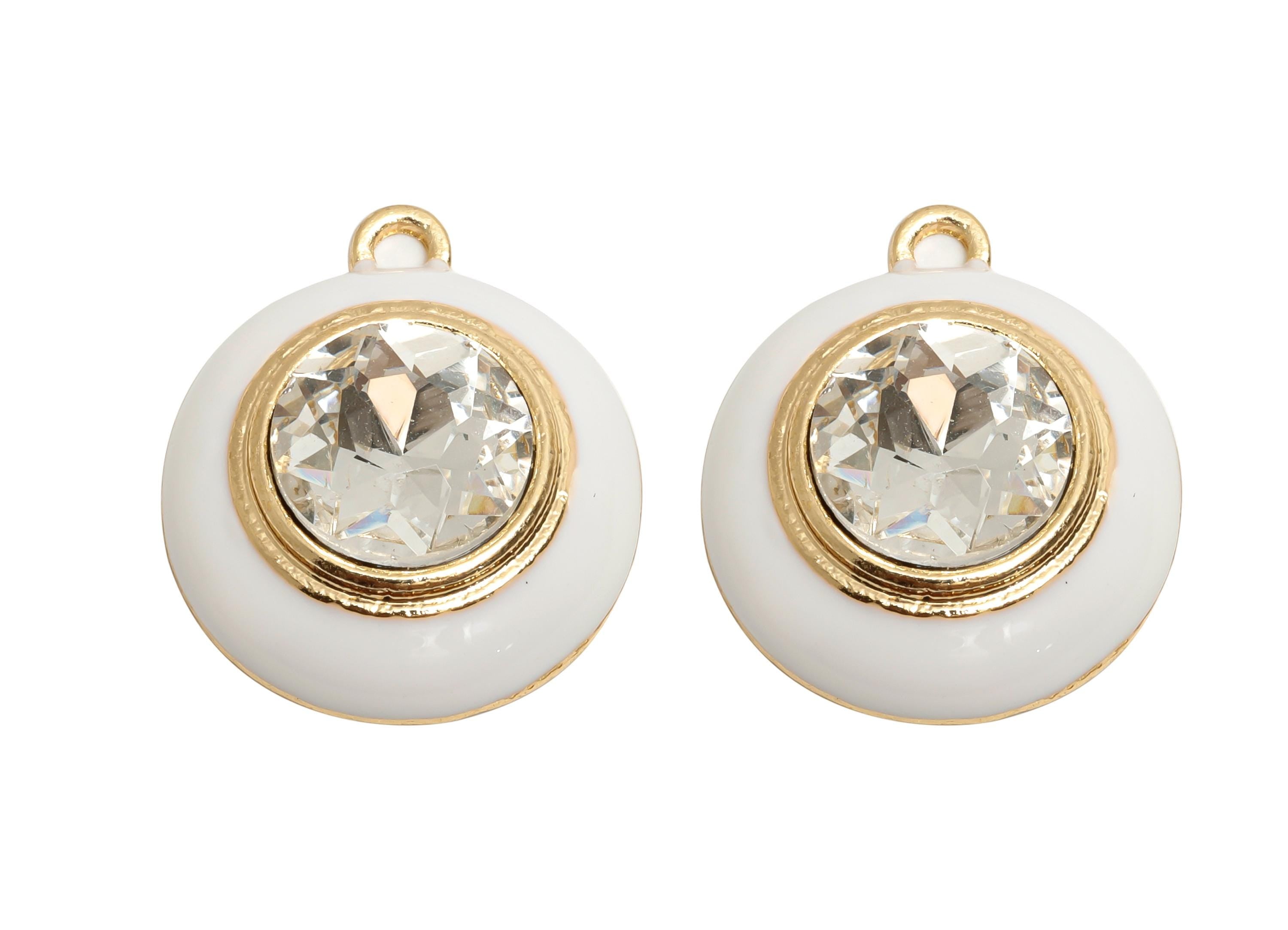 Alloy Round Crystal Pendant - White Enamel Necklace Component - Elegant Geometric Charm for Jewelry - KC Gold Plated - 22x18x7mm - AC3542C - DOMEDBAZAAR