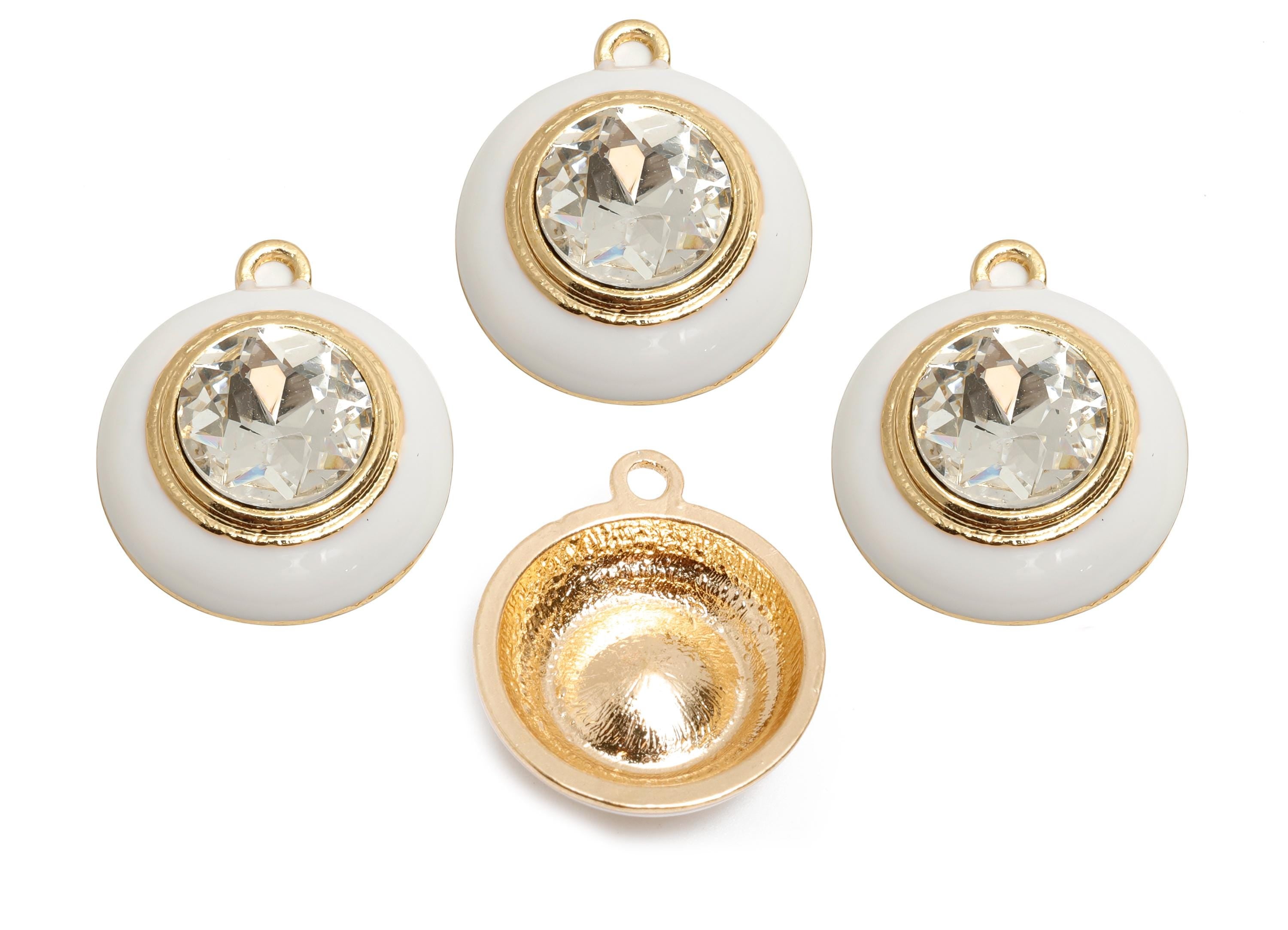 Alloy Round Crystal Pendant - White Enamel Necklace Component - Elegant Geometric Charm for Jewelry - KC Gold Plated - 22x18x7mm - AC3542C - DOMEDBAZAAR