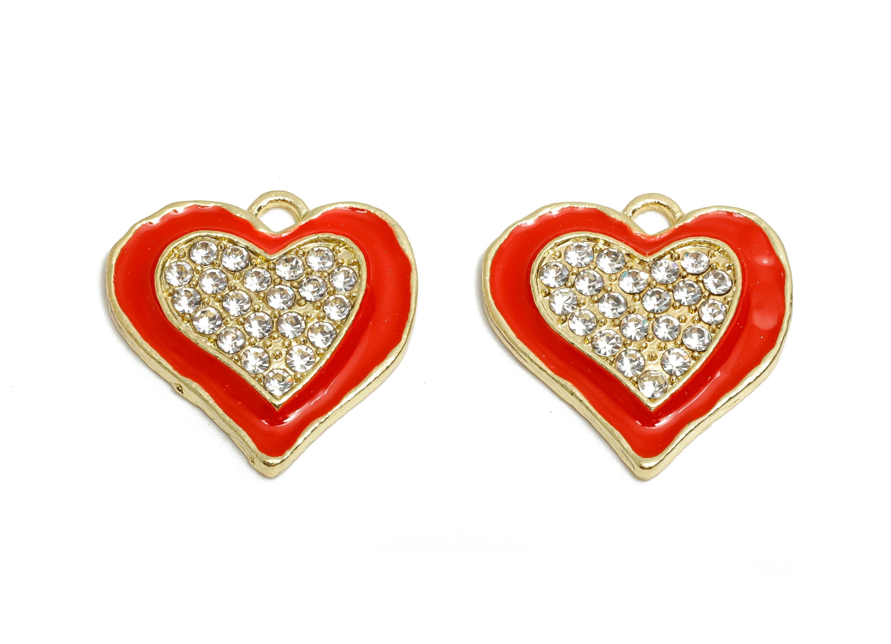 Alloy Enamel Heart Charm - Colorful Crystal Heart Red Jewelry - Sparkling Heart Accessory - Metal Craft Jewelry Making - 20x19.8x3mm-AC3522A - DOMEDBAZAAR