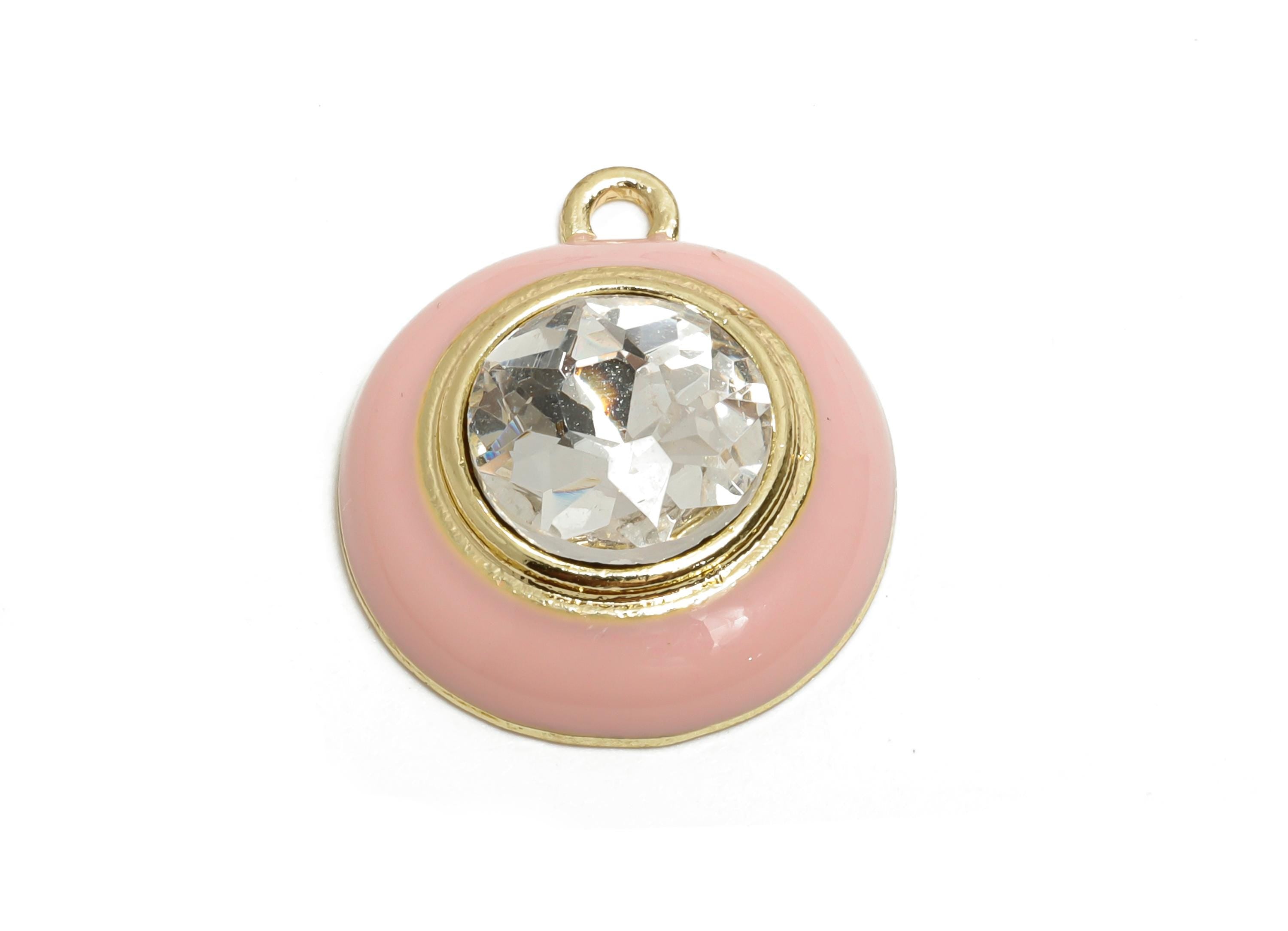 Alloy Round Crystal Pendant - Pink Enamel Necklace Component - Elegant Geometric Charm for Jewelry - KC Gold Plated - 22x18x7mm - AC3542D - DOMEDBAZAAR