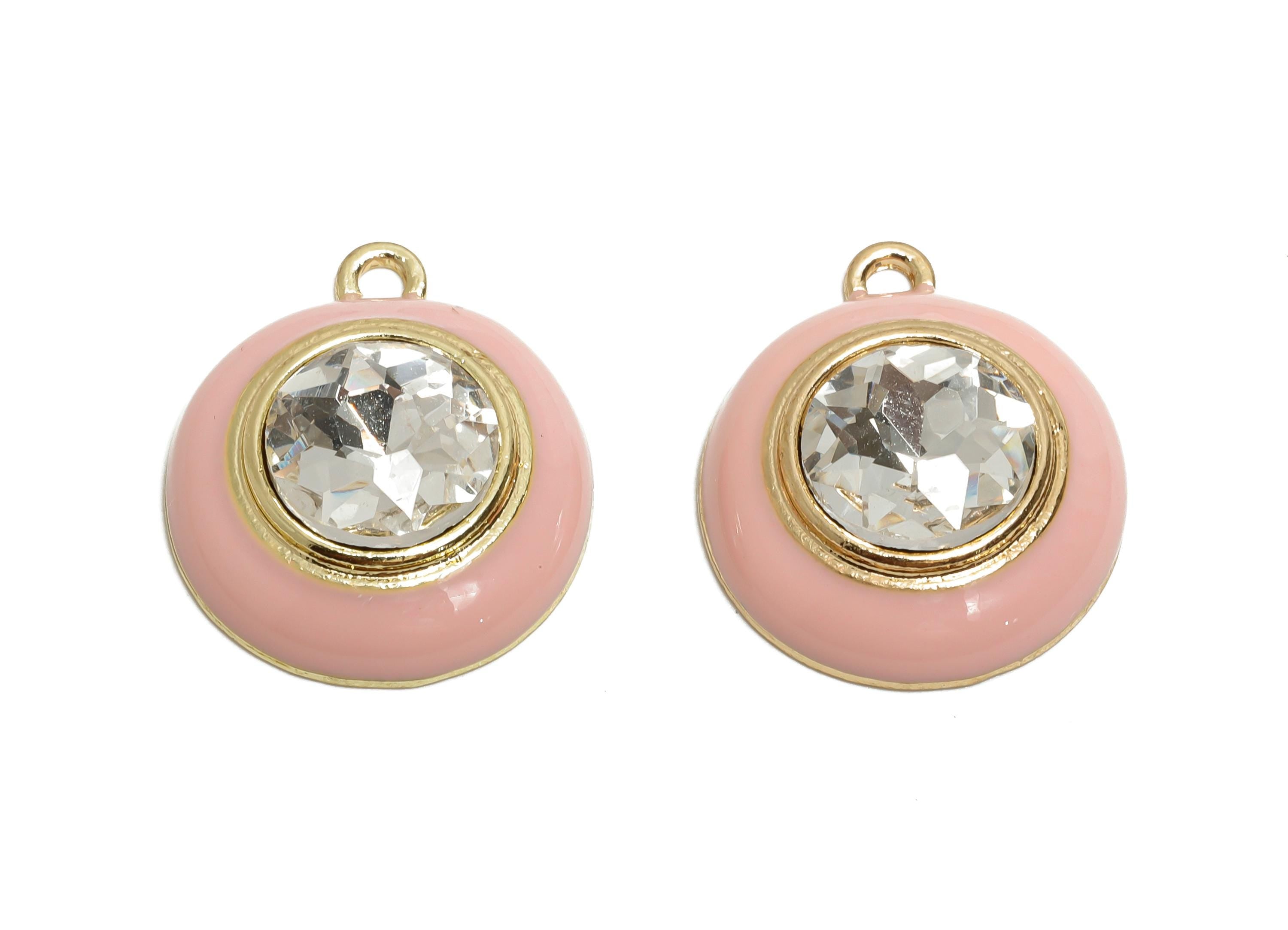 Alloy Round Crystal Pendant - Pink Enamel Necklace Component - Elegant Geometric Charm for Jewelry - KC Gold Plated - 22x18x7mm - AC3542D - DOMEDBAZAAR