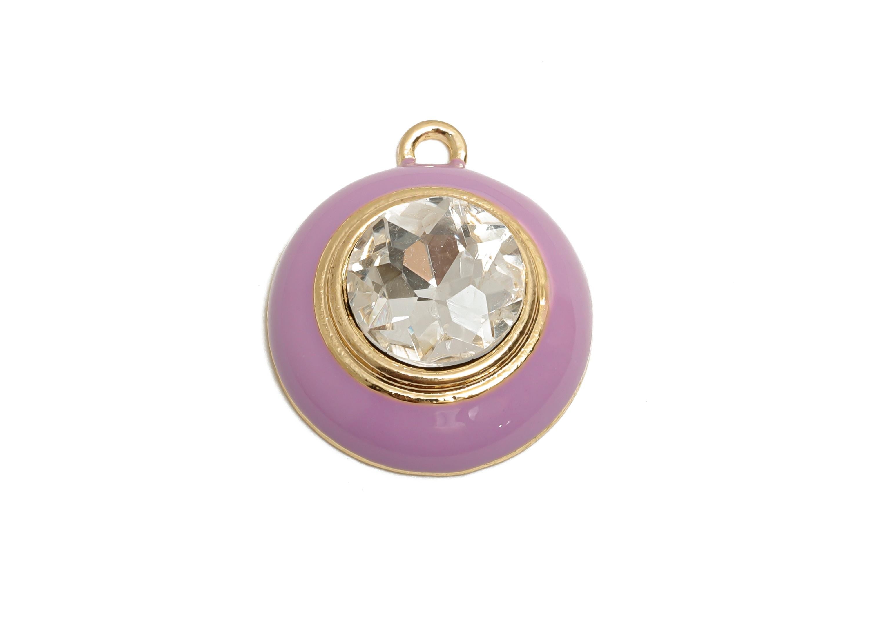 Alloy Round Crystal Pendant - Purple Enamel Necklace Component - Elegant Geometric Charm for Jewelry - KC Gold Plated - 22x18x7mm - AC3542E - DOMEDBAZAAR