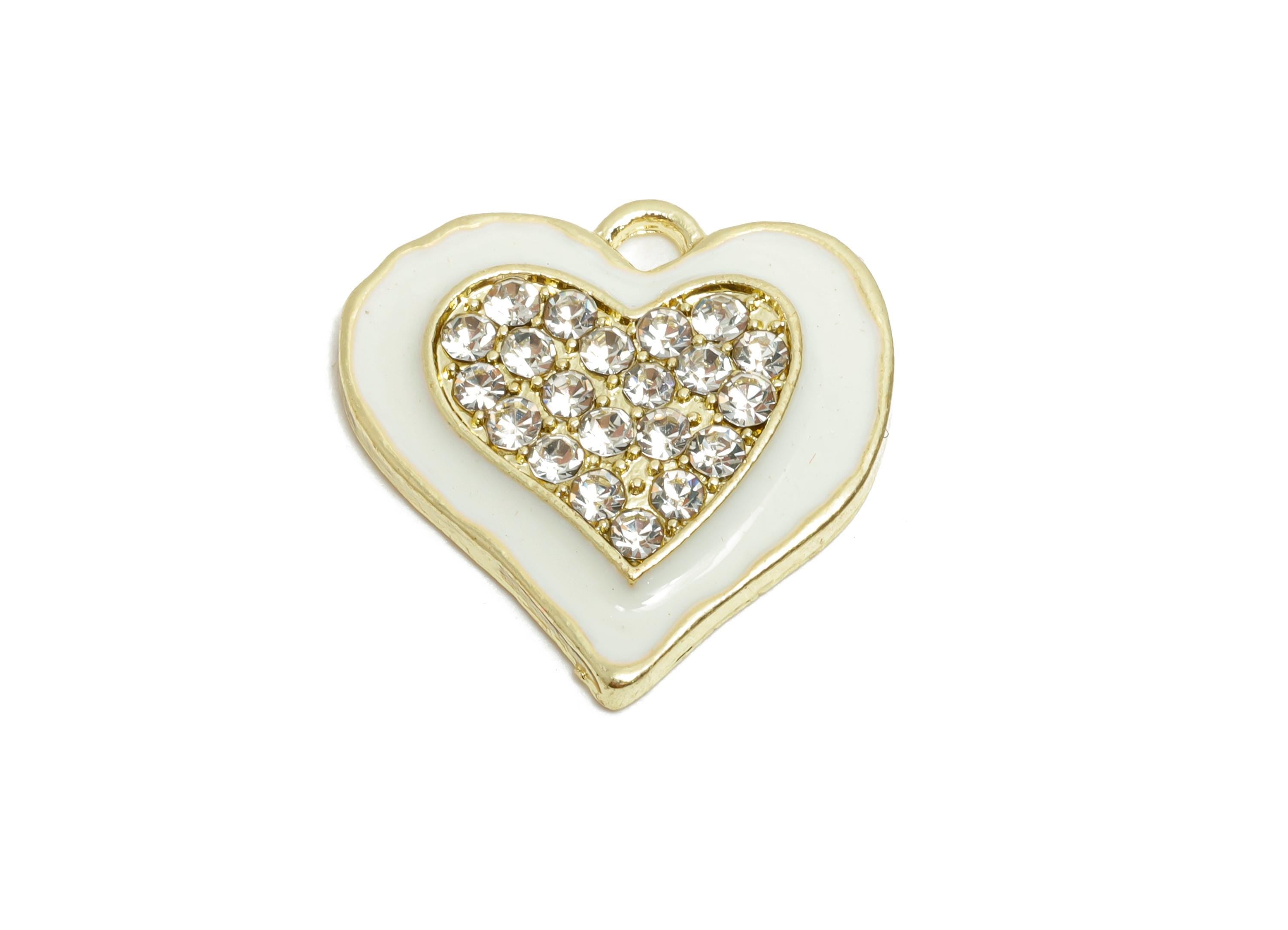 Alloy Enamel Heart Charm - Colorful Crystal Heart White Jewelry - Sparkling Heart Accessory - Metal Craft Jewelry Making - 20x19x3mm-AC3521A - DOMEDBAZAAR