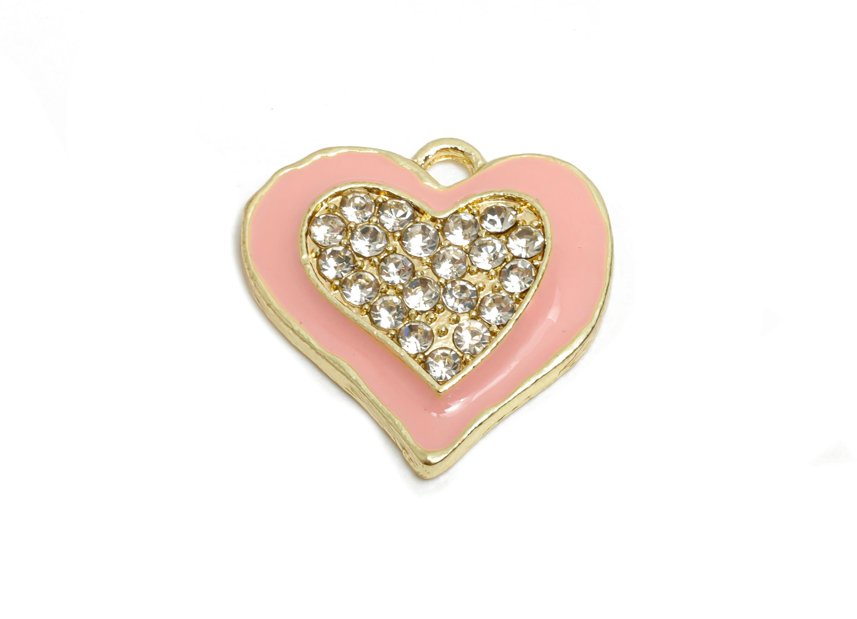 Alloy Enamel Heart Charm - Colorful Crystal Heart Pink Jewelry - Sparkling Heart Accessory - Metal Craft Jewelry Making - 20x19x3mm-AC3521B - DOMEDBAZAAR