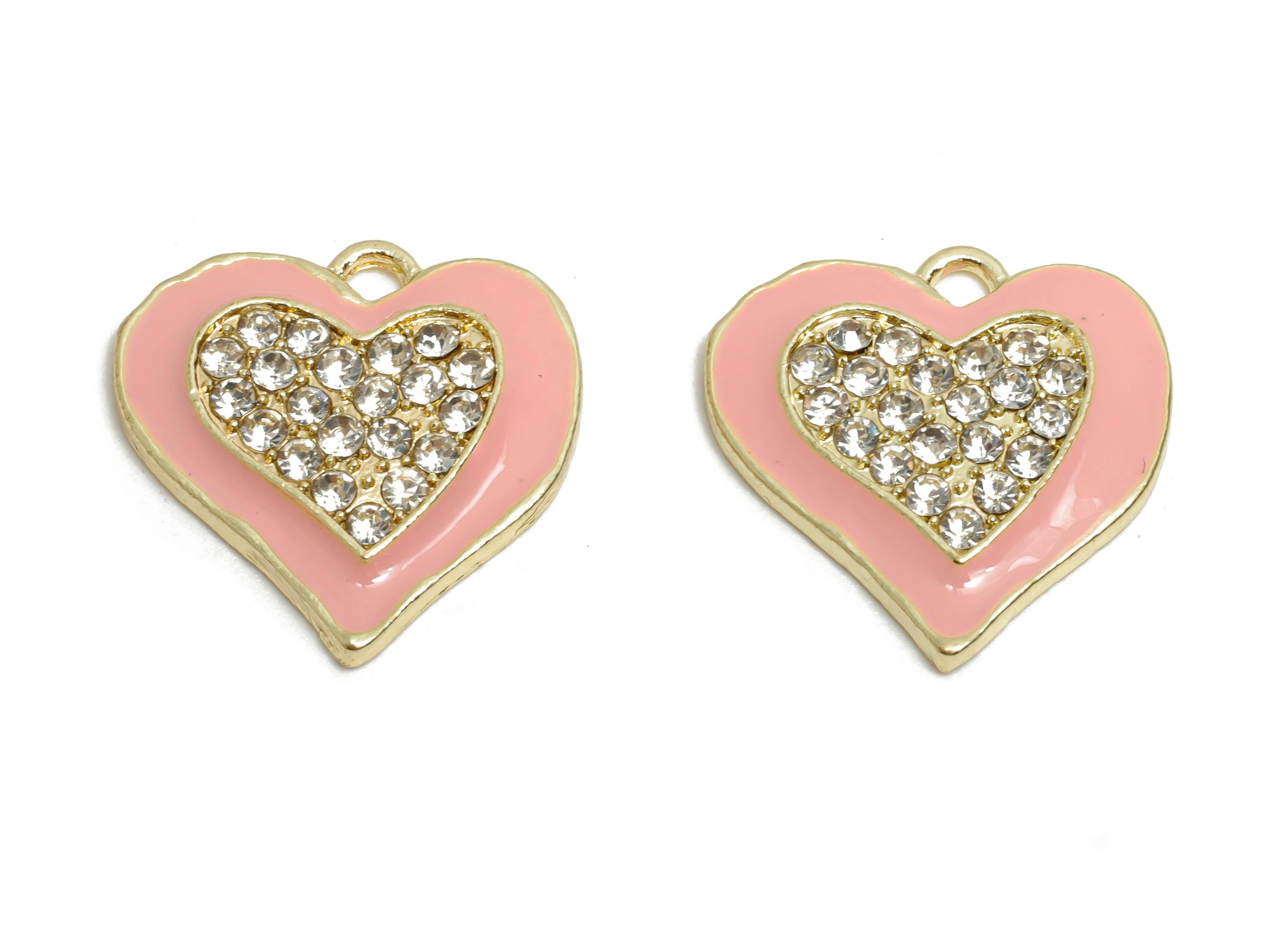 Alloy Enamel Heart Charm - Colorful Crystal Heart Pink Jewelry - Sparkling Heart Accessory - Metal Craft Jewelry Making - 20x19x3mm-AC3521B - DOMEDBAZAAR