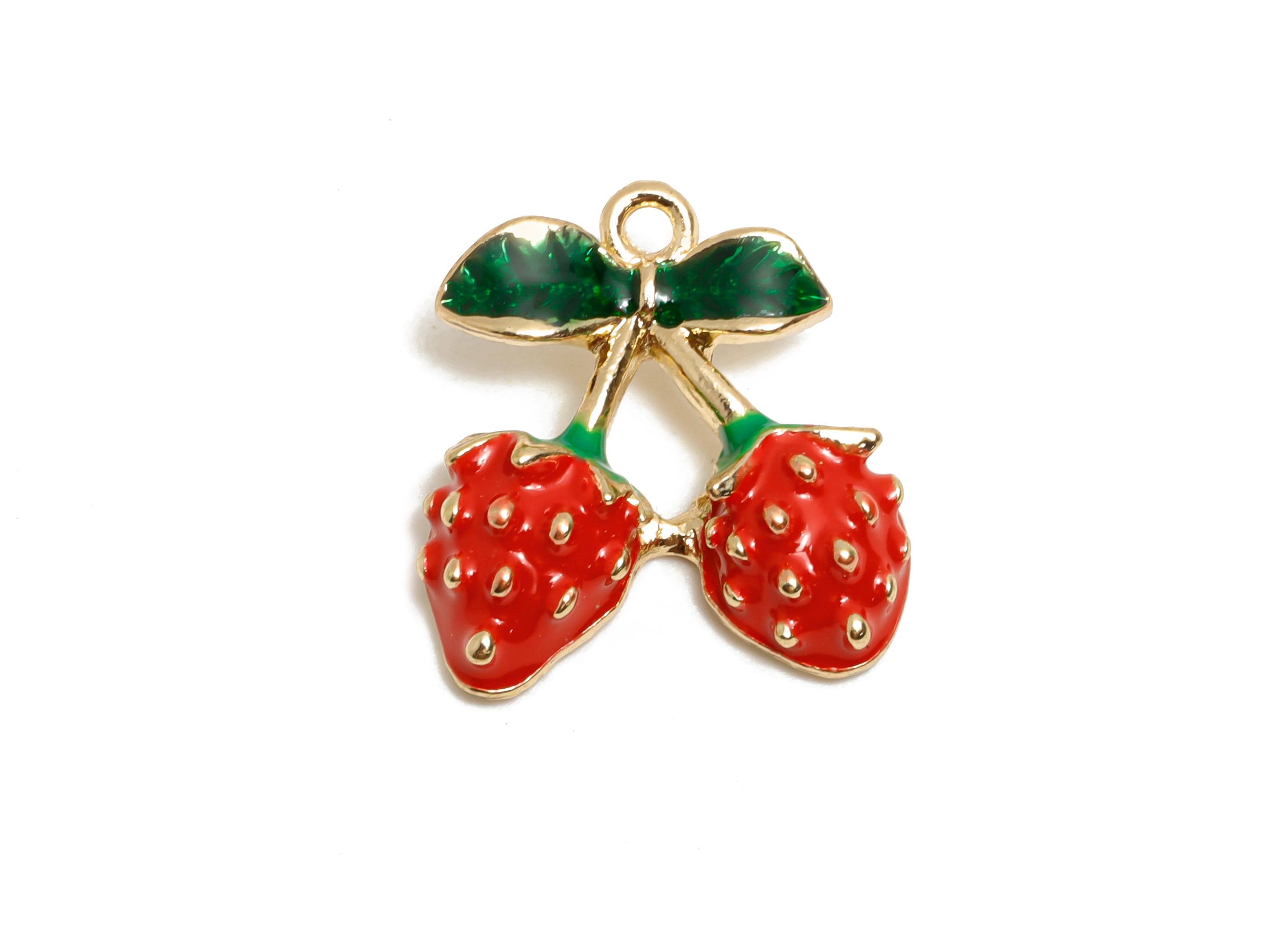 Alloy Enamel Strawberry Charm - Colorful Double Berry Charm - Green Leaf Strawberry Charm - Metal Craft Jewelry Making - 18x17x5.29mm-AC3534