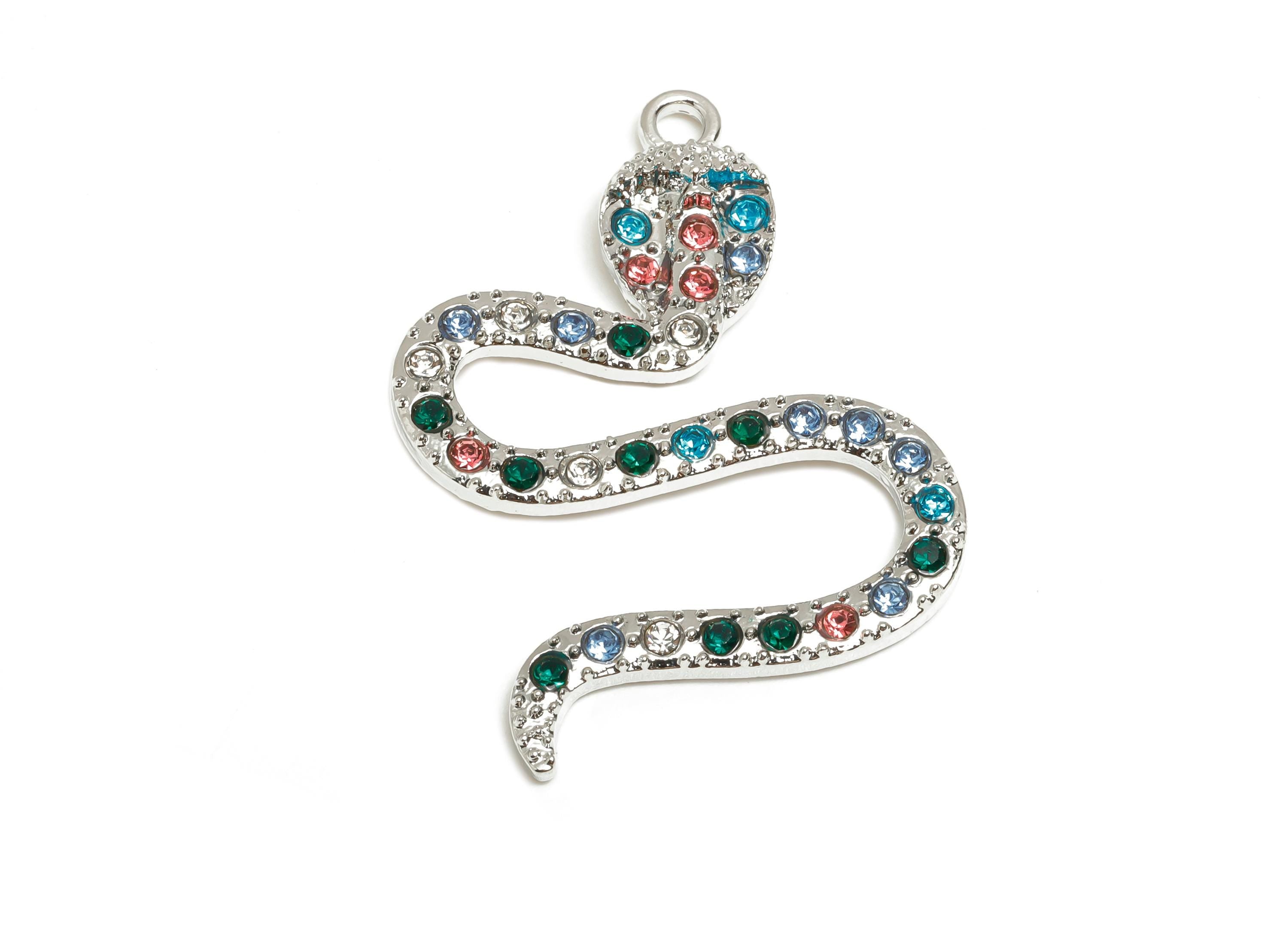 Alloy Snake Charm Pendant - Sparkling Colorful Snake Charm - DIY Crystal Snake Jewelry Supply - Silver Tone Plating - 37x27x3.5mm - AC3532 - DOMEDBAZAAR