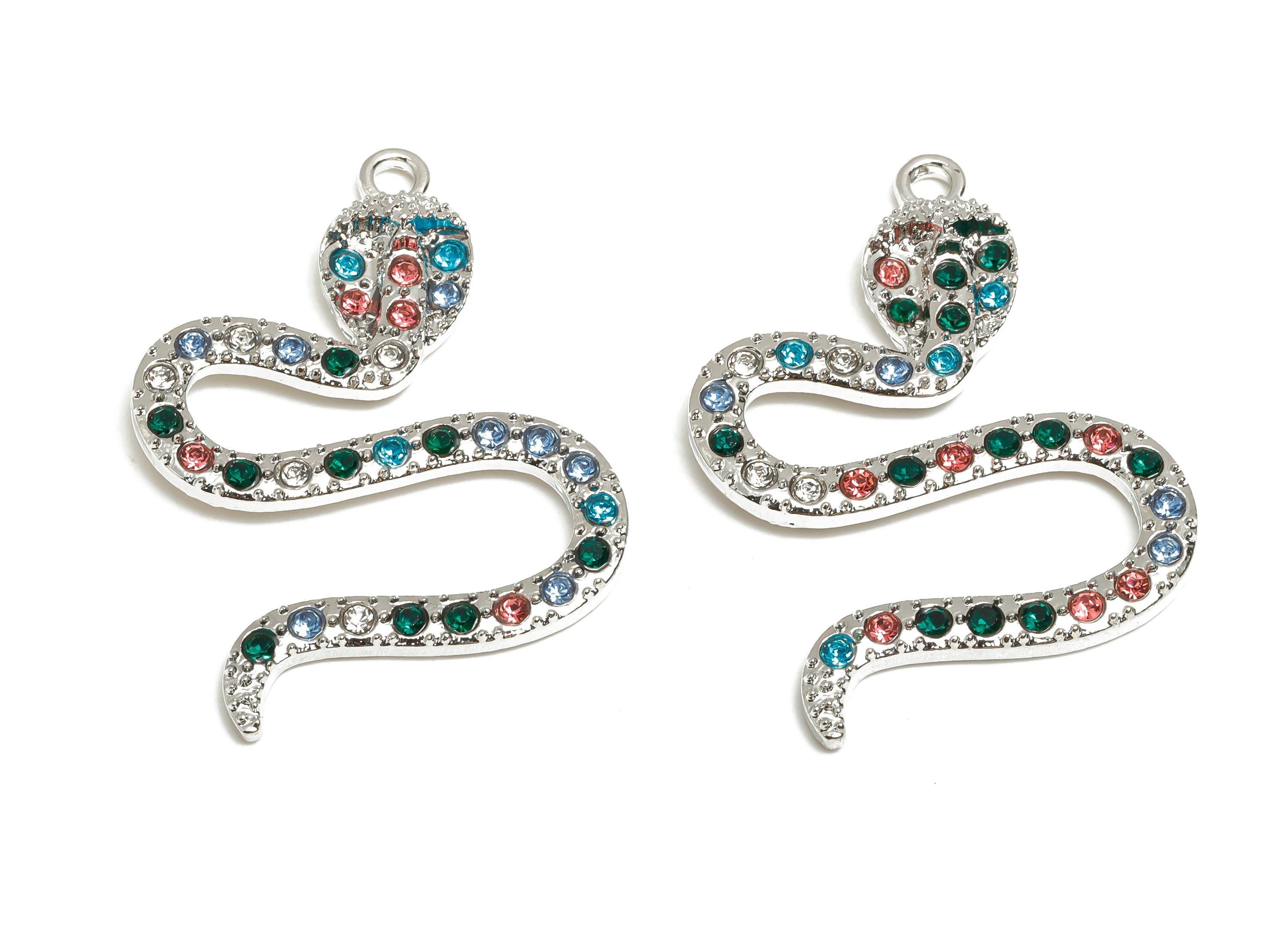 Alloy Snake Charm Pendant - Sparkling Colorful Snake Charm - DIY Crystal Snake Jewelry Supply - Silver Tone Plating - 37x27x3.5mm - AC3532 - DOMEDBAZAAR