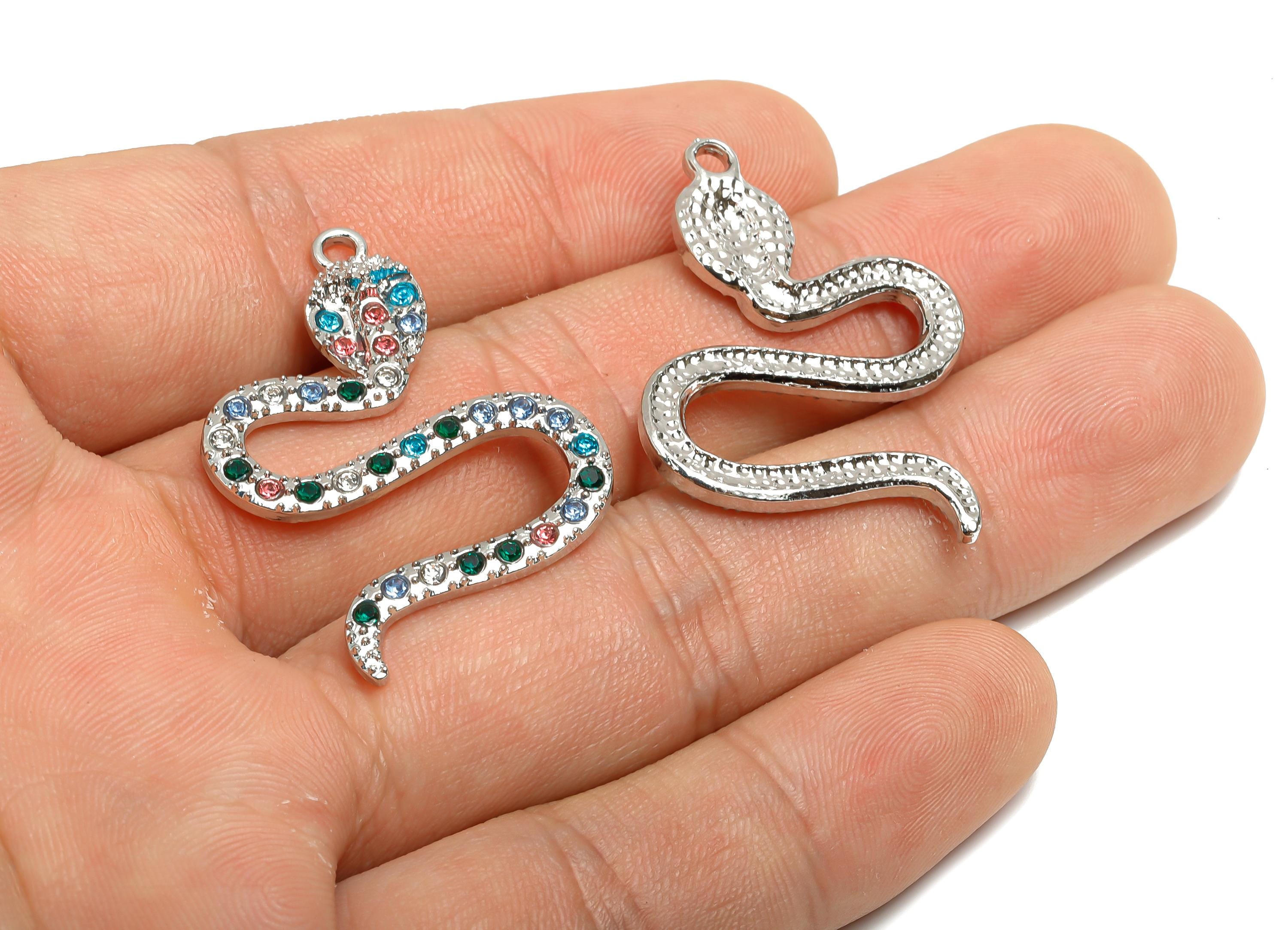 Alloy Snake Charm Pendant - Sparkling Colorful Snake Charm - DIY Crystal Snake Jewelry Supply - Silver Tone Plating - 37x27x3.5mm - AC3532 - DOMEDBAZAAR