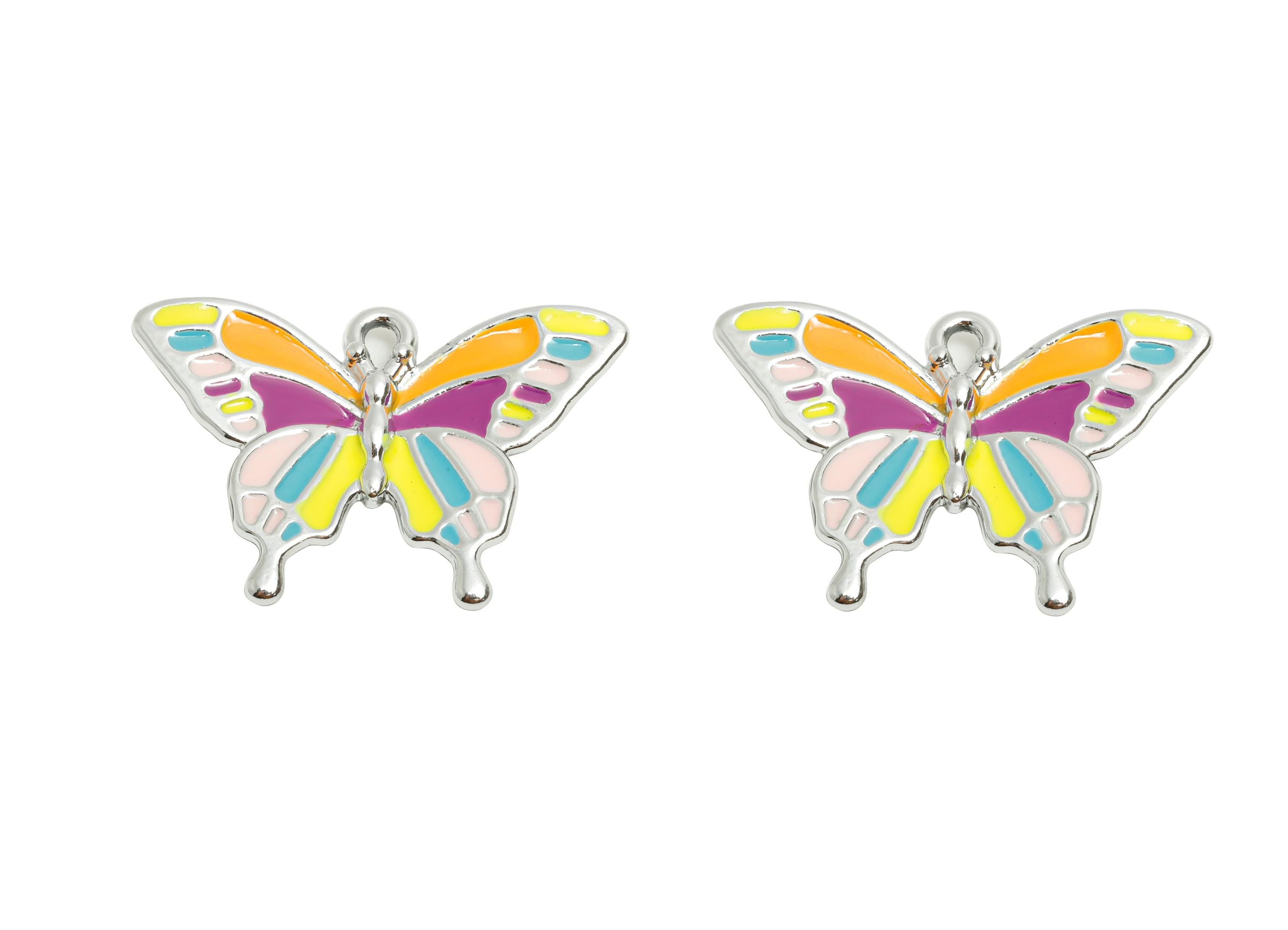 Alloy Enamel Butterfly Charm - Colorful Butterfly Jewelry Charm - Whimsical Rainbow Wing Jewelry - Silver Tone Plating - 28x19x3mm - AC3520C - DOMEDBAZAAR