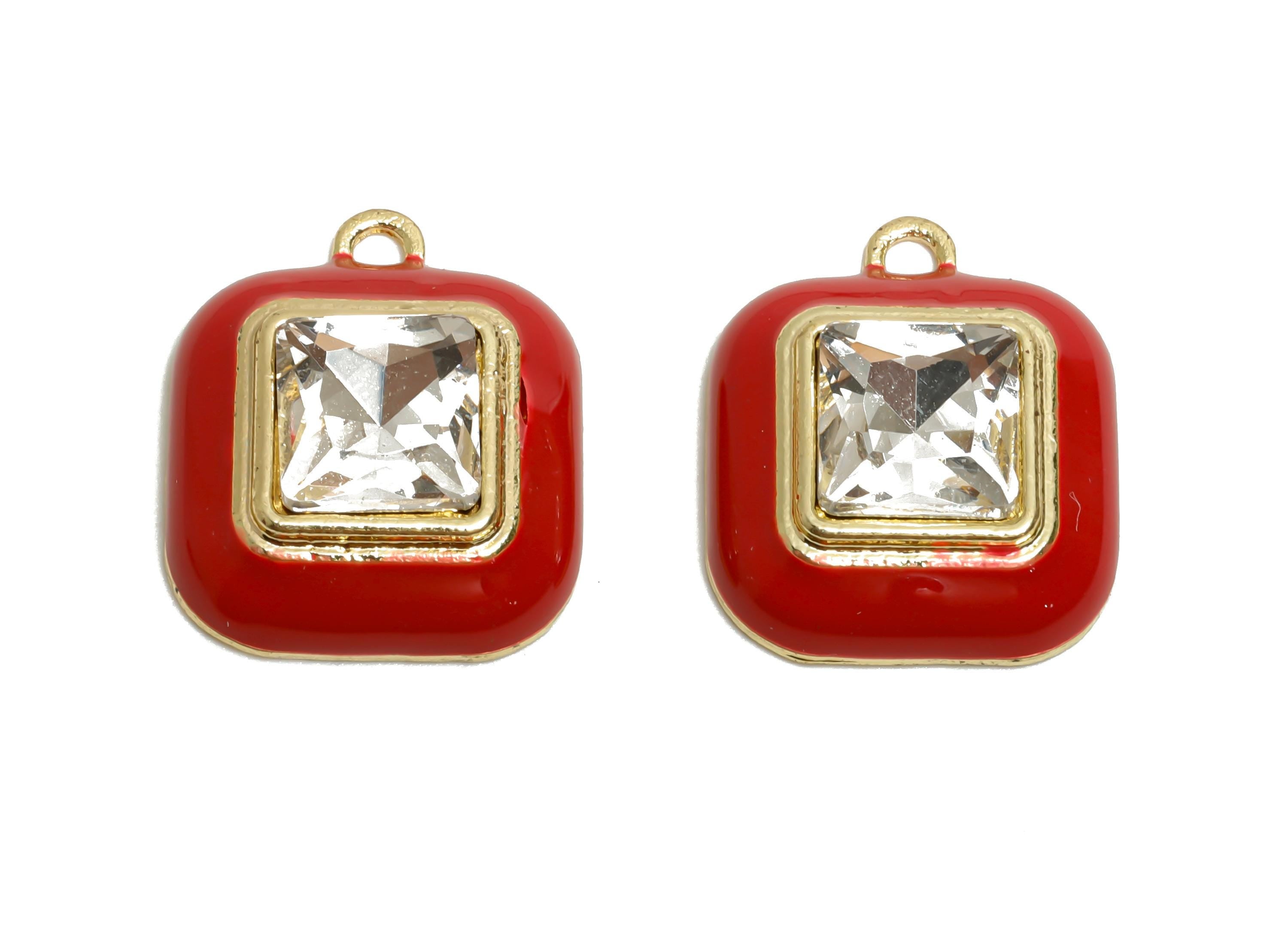 Alloy Red Square Crystal Pendant - Enamel Charms for Necklace DIY - Elegant Jewelry Accessory - KC Gold Plated - 20x16.9x6.84mm - AC3544B - DOMEDBAZAAR