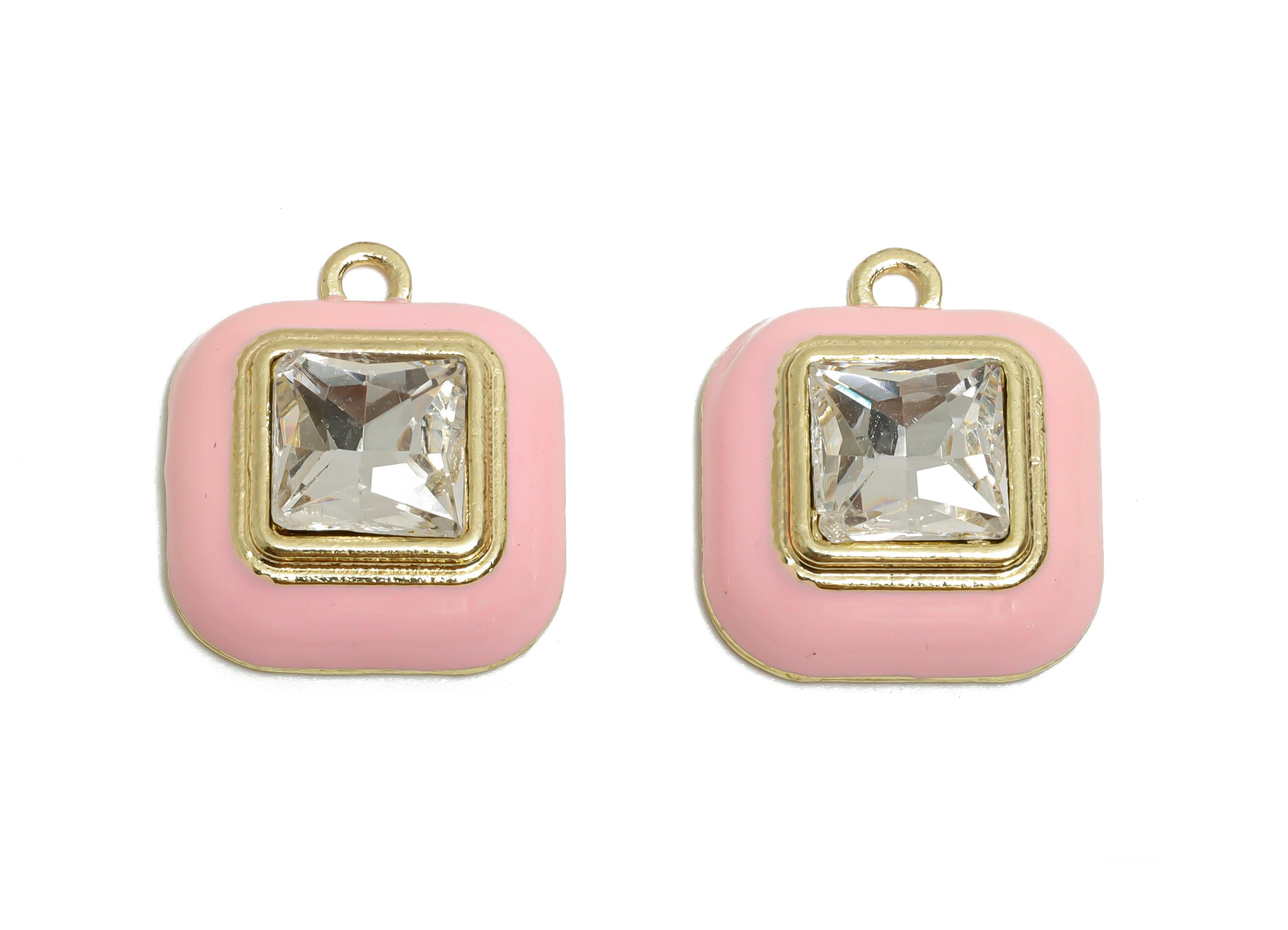 Alloy Square Crystal Pendant - Sparkling Pink Enamel Pendant - Geometric Jewelry Making Supplies - KC Gold Plated - 20x16.9x6.84mm - AC3544C - DOMEDBAZAAR