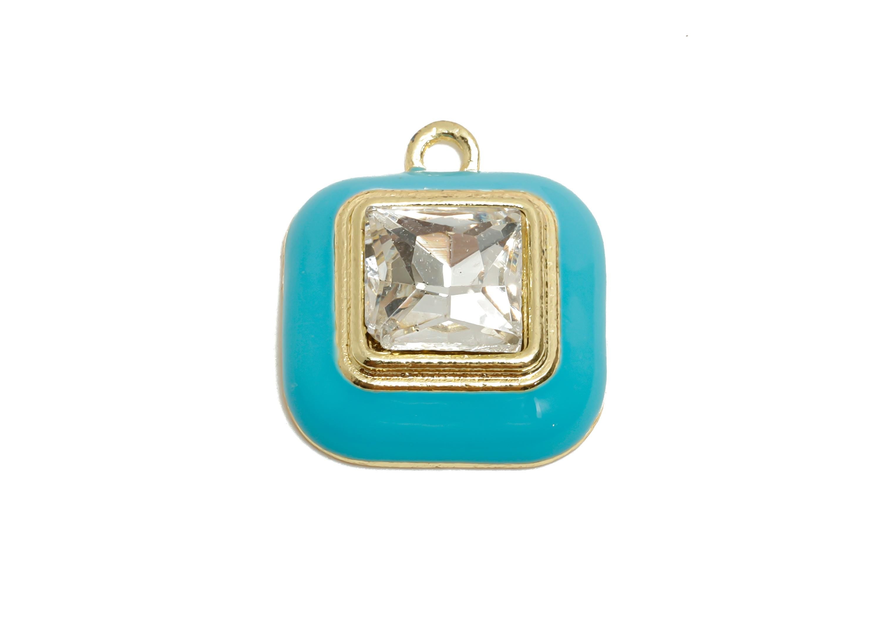 Alloy Square Blue Enamel Pendant - Bold Fashion Faceted Crystal Pendant - DIY Jewelry Component - KC Gold Plated - 20x16.9x6.84mm - AC3544E - DOMEDBAZAAR