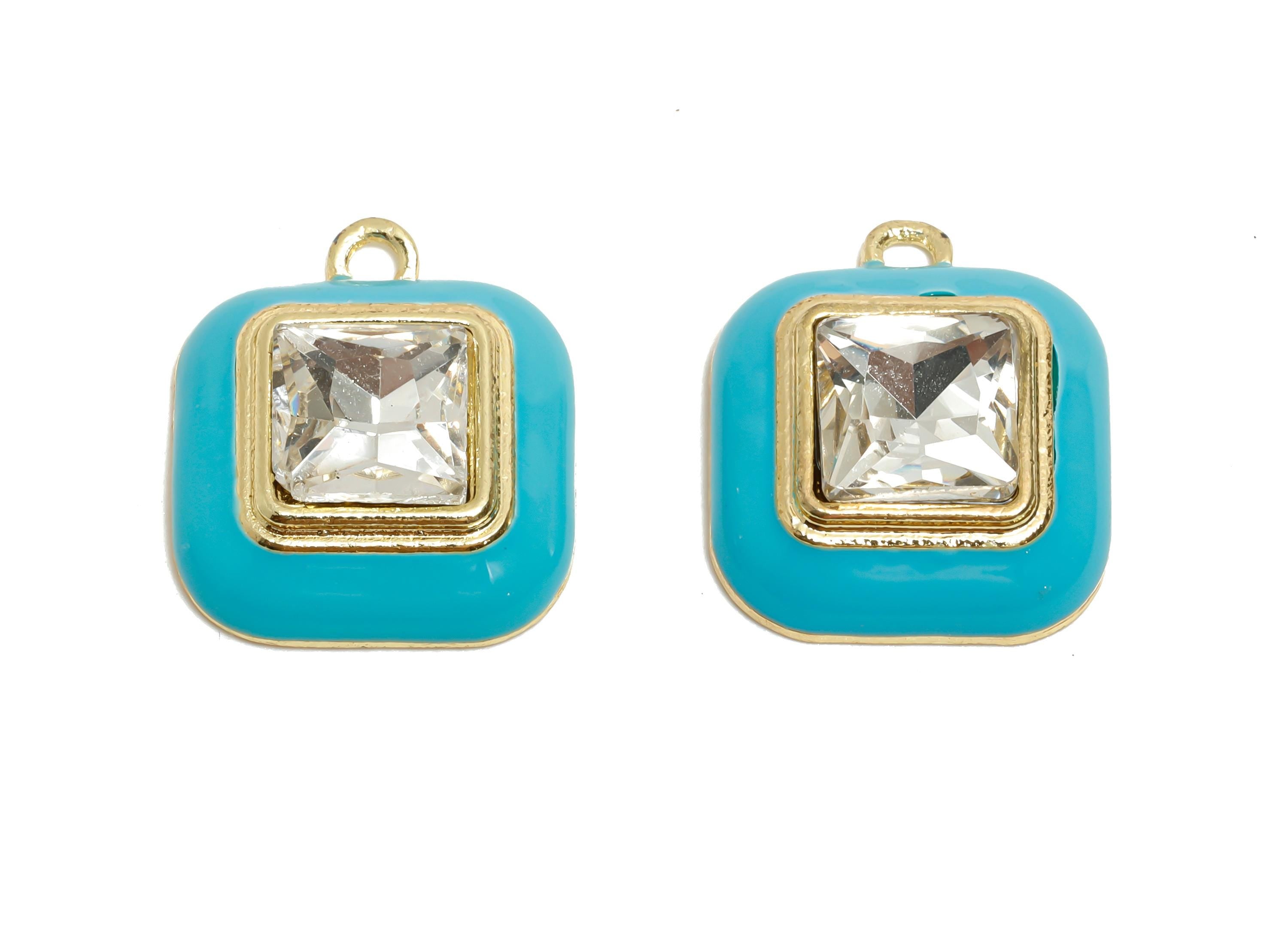 Alloy Square Blue Enamel Pendant - Bold Fashion Faceted Crystal Pendant - DIY Jewelry Component - KC Gold Plated - 20x16.9x6.84mm - AC3544E - DOMEDBAZAAR