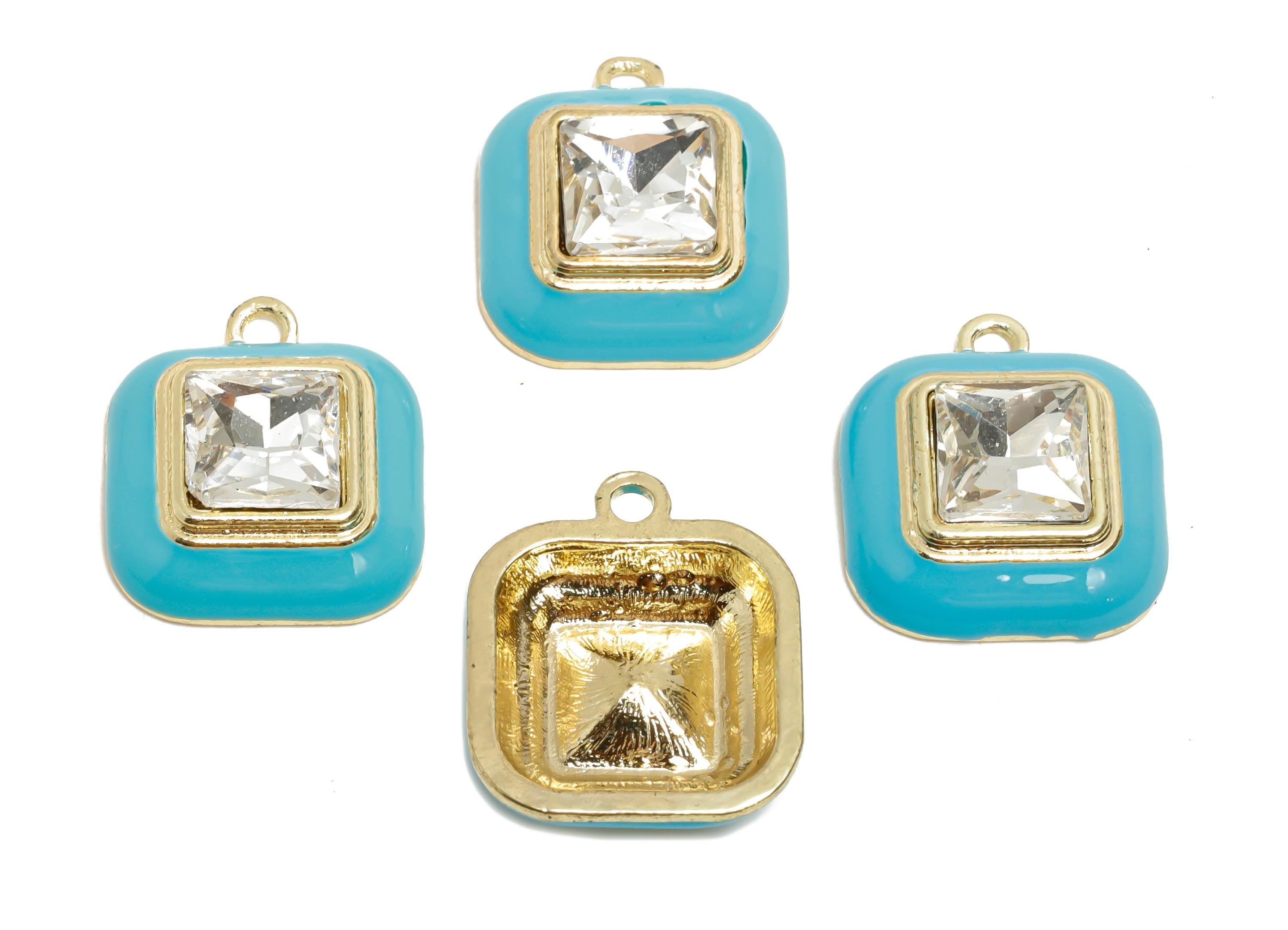 Alloy Square Blue Enamel Pendant - Bold Fashion Faceted Crystal Pendant - DIY Jewelry Component - KC Gold Plated - 20x16.9x6.84mm - AC3544E - DOMEDBAZAAR