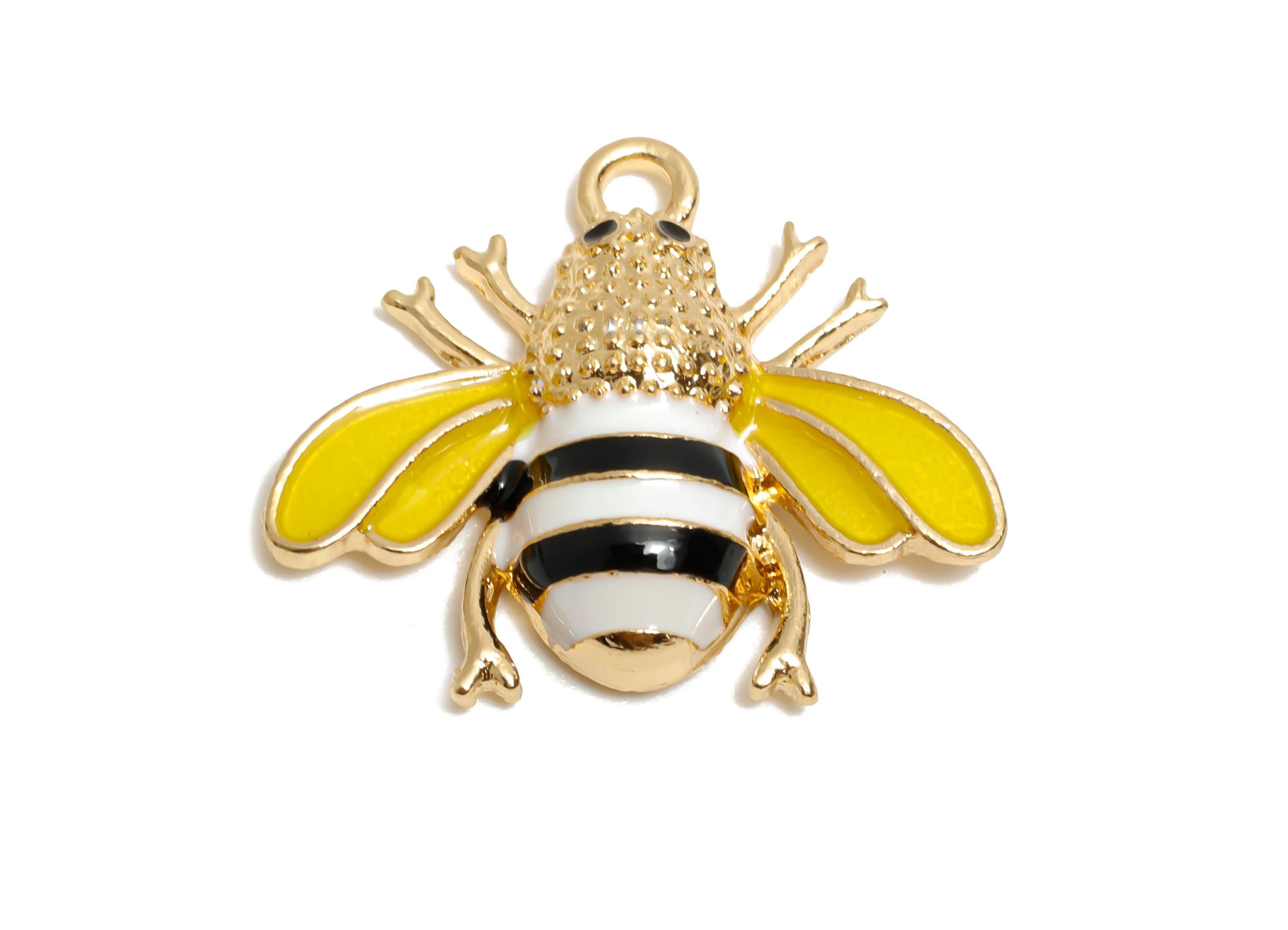 Alloy Enamel Bee Charm - Insect Jewelry Charm - Whimsical Dainty Bee Jewelry For Necklace - KC Gold Tone Plating - 20x24.36x5.3mm - AC3528