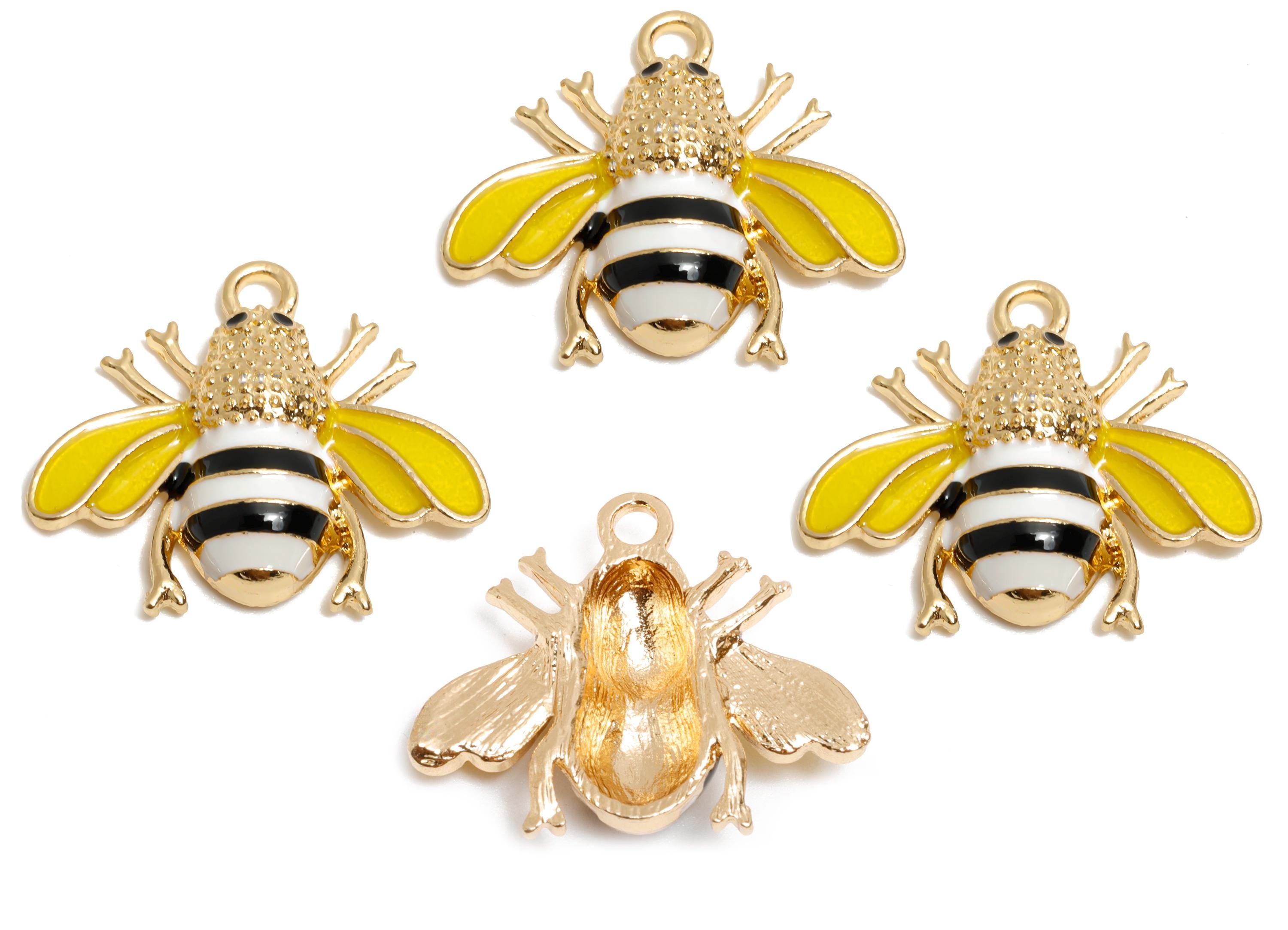 Alloy Enamel Bee Charm - Insect Jewelry Charm - Whimsical Dainty Bee Jewelry For Necklace - KC Gold Tone Plating - 20x24.36x5.3mm - AC3528