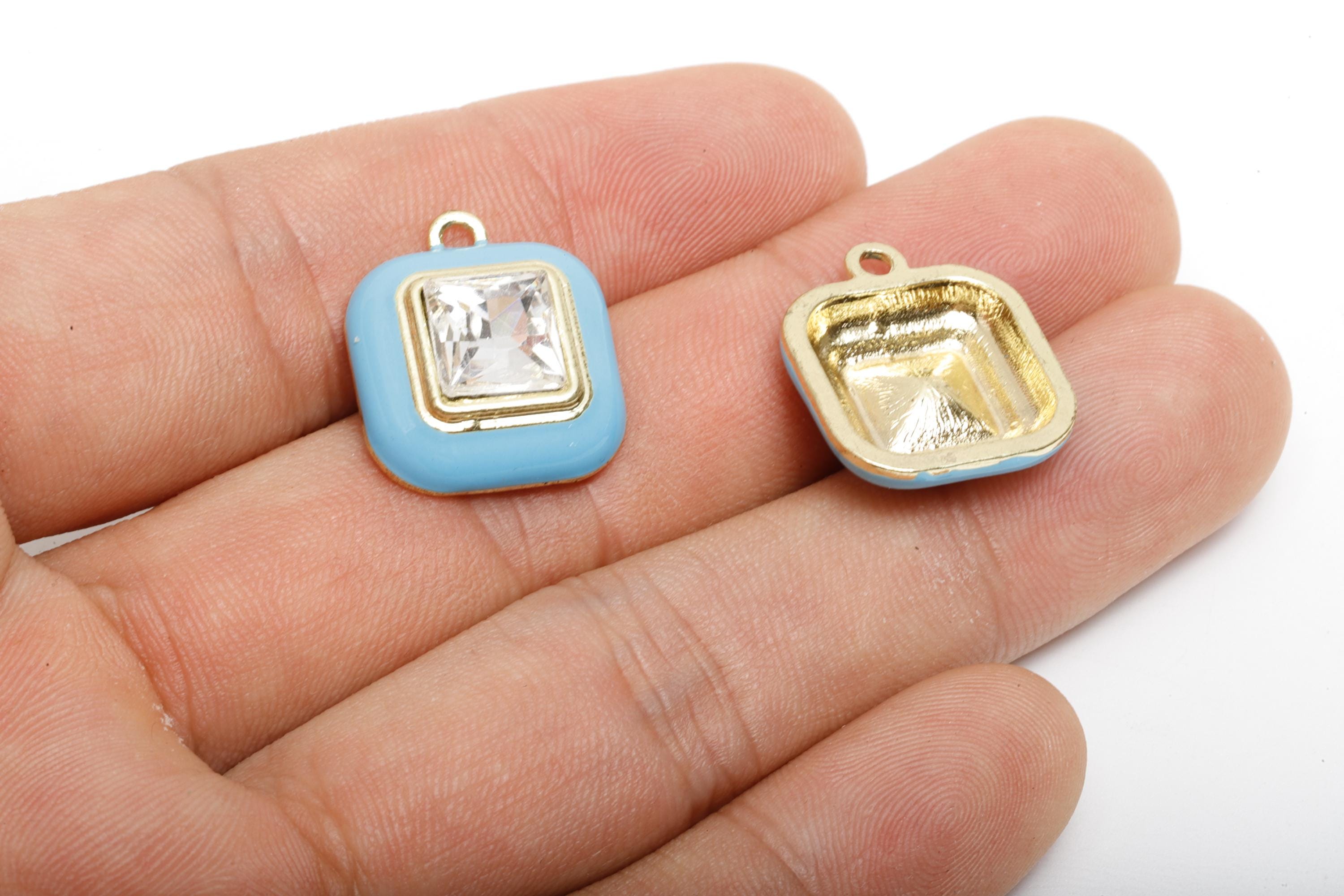 Alloy Square Blue Enamel Pendant - Bold Fashion Faceted Crystal Pendant - DIY Jewelry Component - KC Gold Plated - 20x16.9x6.84mm - AC3544E - DOMEDBAZAAR