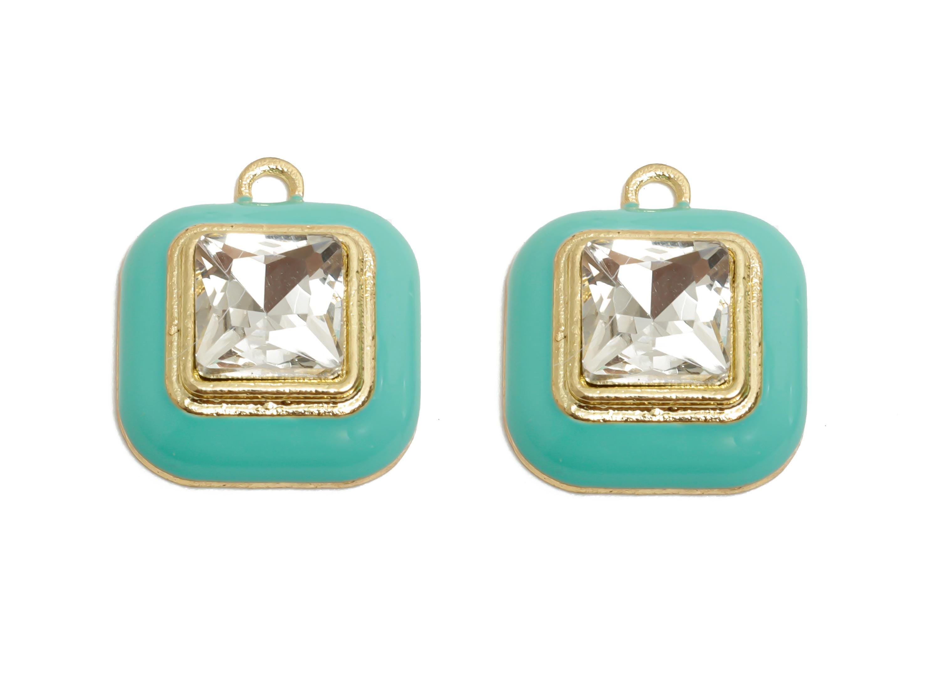 Alloy Square Crystal Pendant - Green Enamel Jewelry Piece - Crafting Supplies - Elegant Pendant - KC Gold Plated - 20x16.9x6.84mm - AC3544F - DOMEDBAZAAR