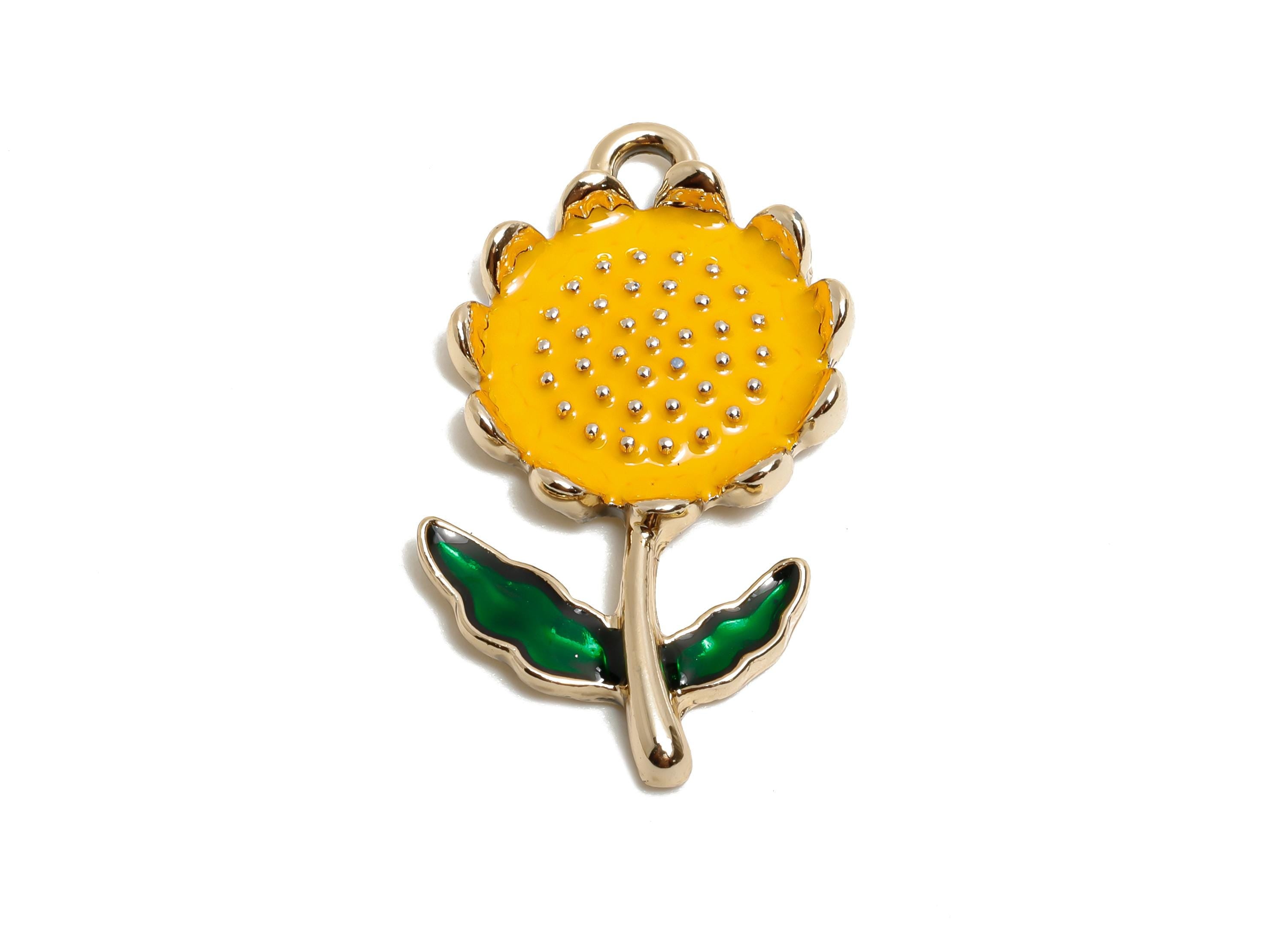 Alloy Enamel Sunflower Charm Pendant - Cute Daisy Sunflower Piece - Dainty Jewelry For Necklace - KC Gold Tone Plating - 28x19x3mm - AC3527