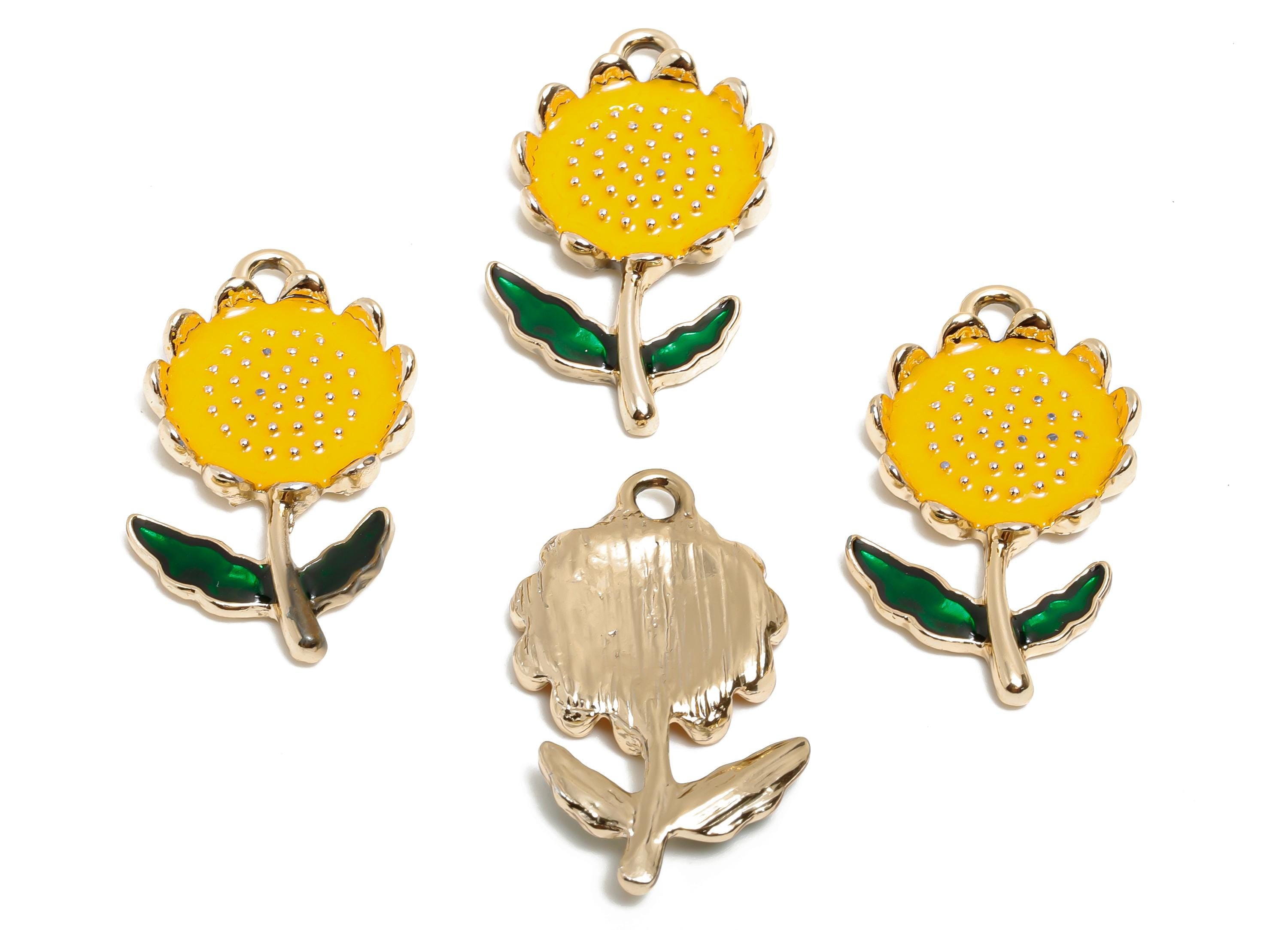 Alloy Enamel Sunflower Charm Pendant - Cute Daisy Sunflower Piece - Dainty Jewelry For Necklace - KC Gold Tone Plating - 28x19x3mm - AC3527