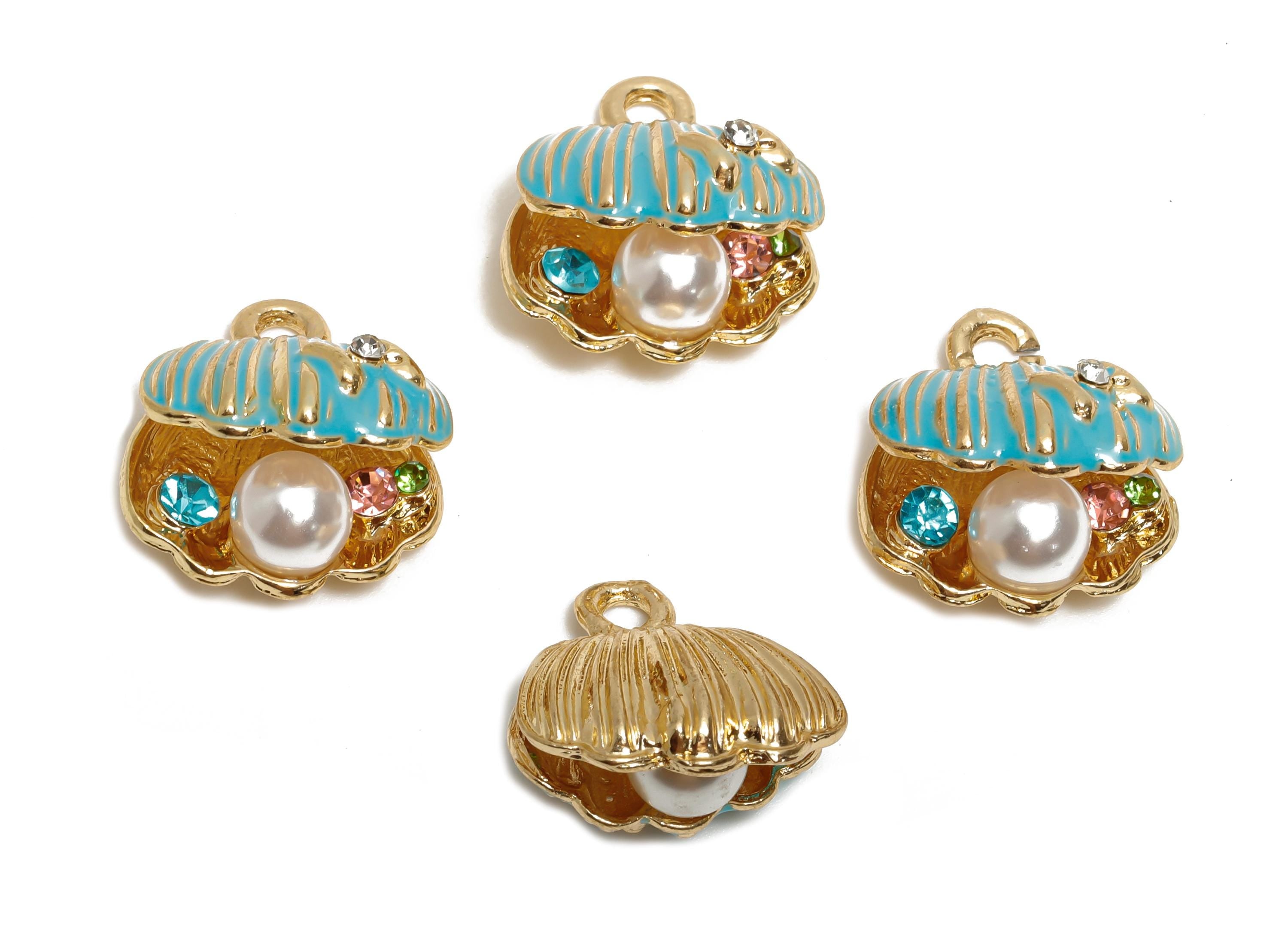 Alloy Enamel Shell Charm - Dainty ABS Imitation Pearls Necklace Pendant - Ocean Theme Pendant - KC Gold Tone Plated - 17x15.8x10mm - AC3537 - DOMEDBAZAAR