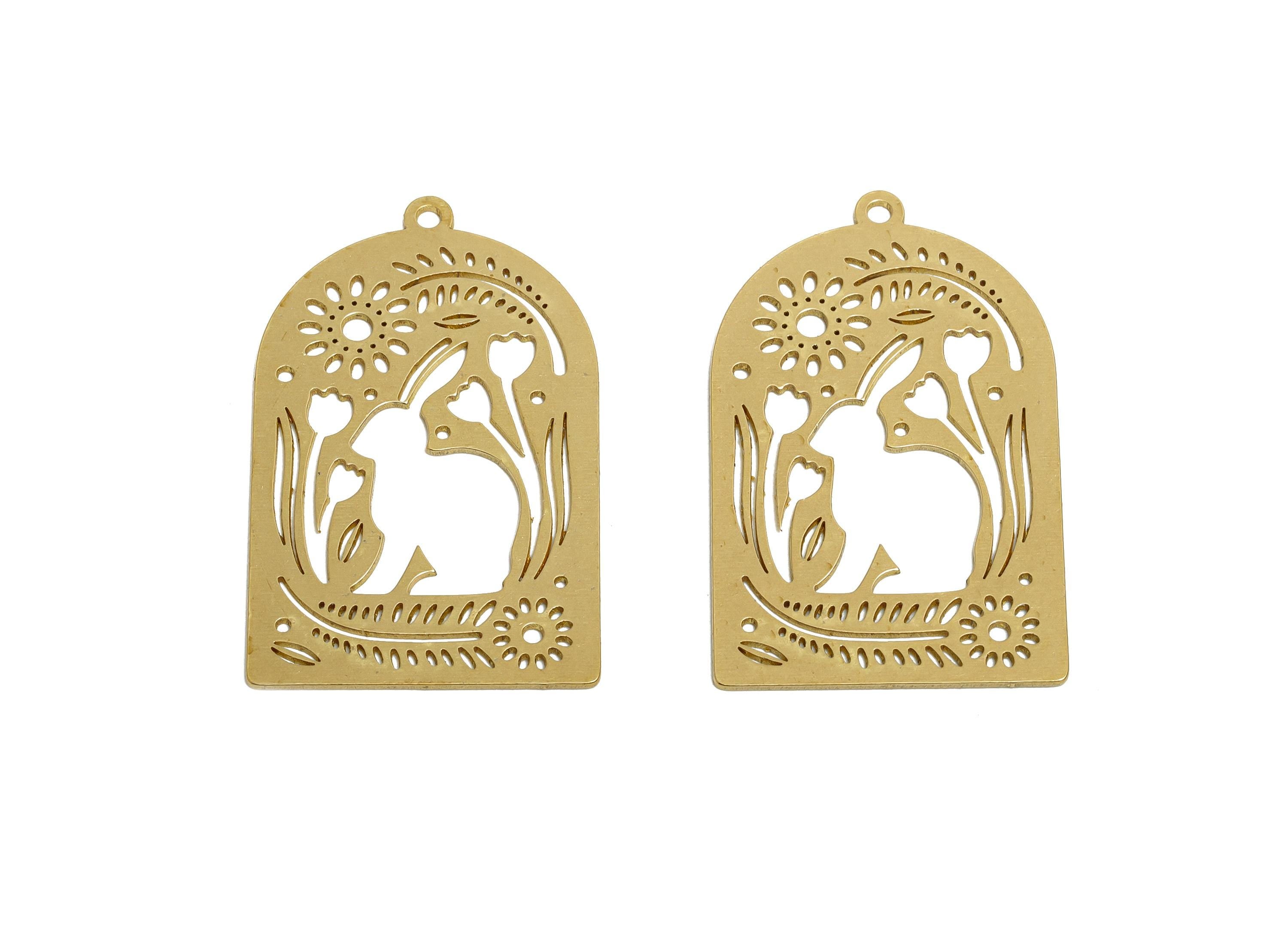 Raw Brass Rabbit Pendant - Brass Hollow Forest Animal Charm - Hollow Cut Brass Charm - Nature Jewelry Making - 36x22.4x0.7mm - PP11512 - DOMEDBAZAAR