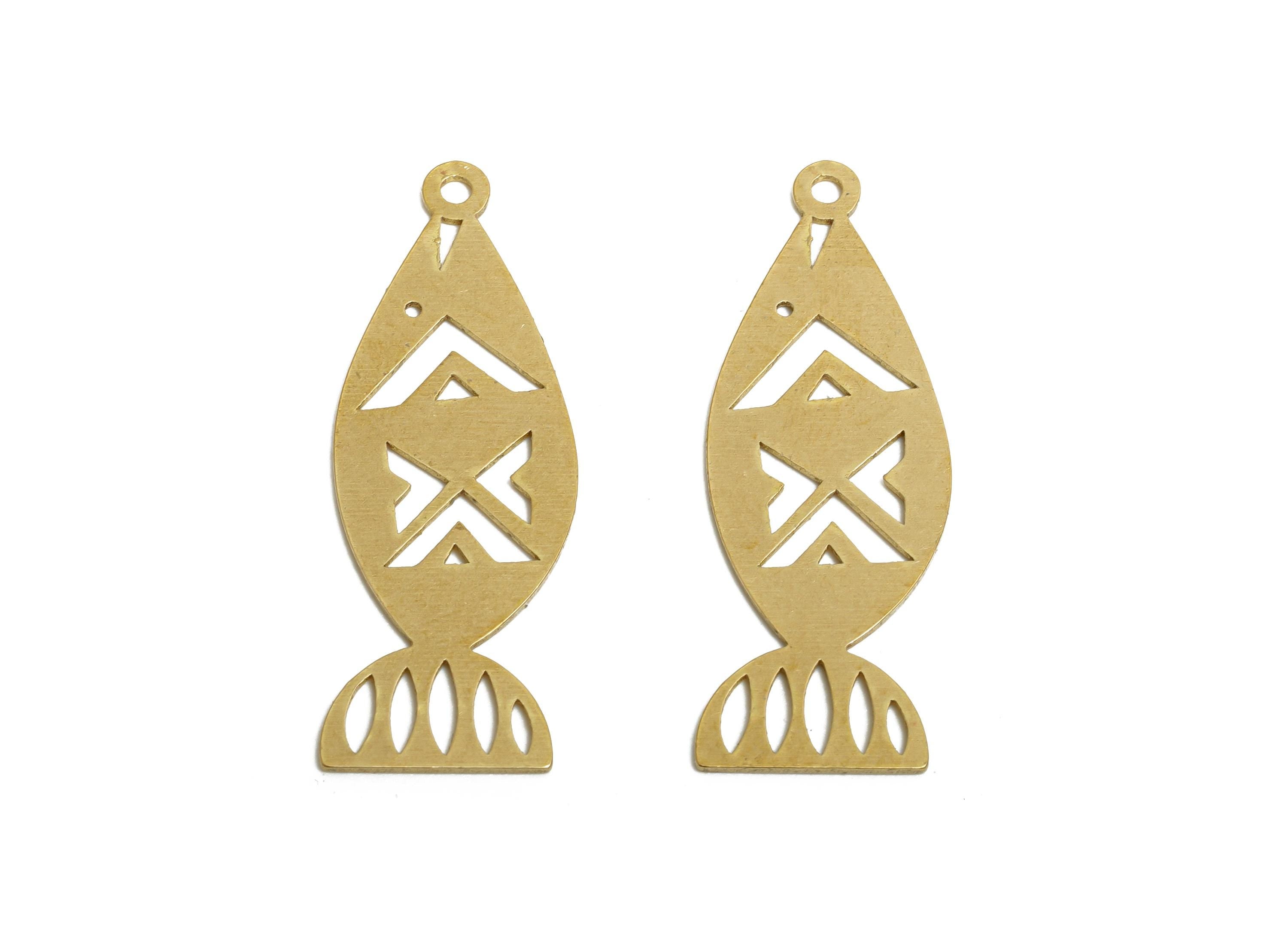 Raw Brass Fish Pendant - Brass Hollow Marine Life Charm - Cute Fish Cut Brass Charm - Geometric Tribal Cutout Charm - 31x11x0.7mm - PP11509 - DOMEDBAZAAR