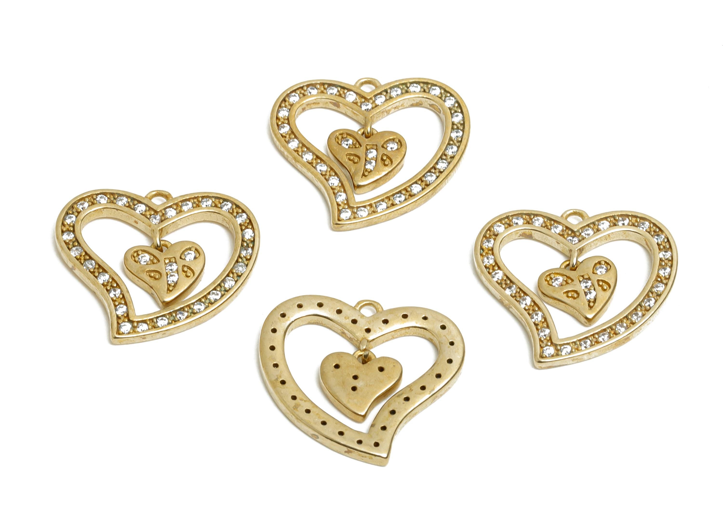 Brass CZ Heart Pendant - Rhinestone Dangle Charm - Cubic Zircon Romantic Jewelry Supply - Double Heart Charm For Necklace -18x16x2mm-PP11468 - DOMEDBAZAAR