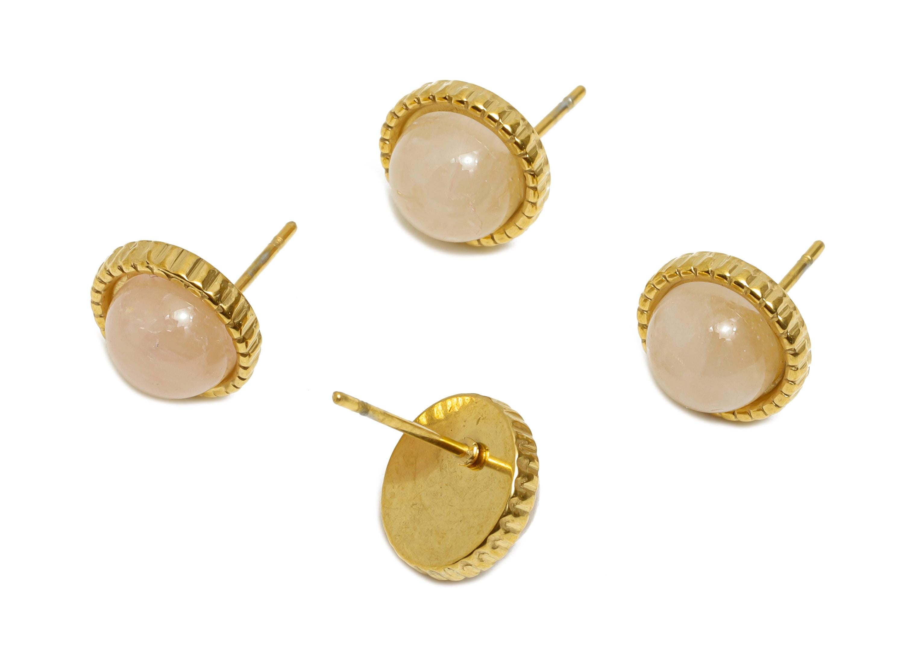 Steel Pink Quartz Stud Earring - Vintage Look Gemstone Stud Earring - Classic Cabochon Earring - 24K Real Vacuum Plating - 10x10x5mm -SS2783 - DOMEDBAZAAR