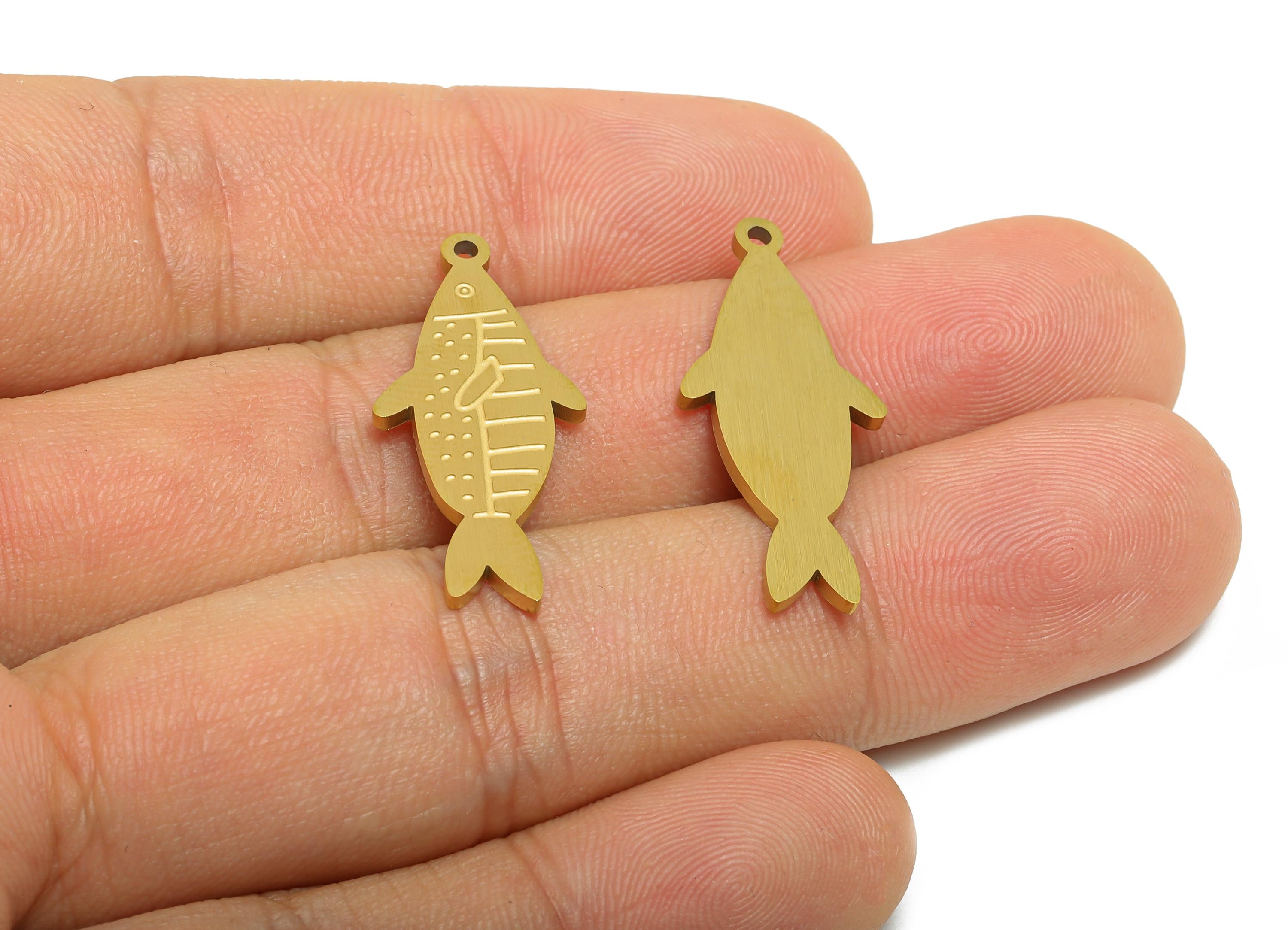 Steel Patterned Fish Charm - Marine Life Theme Jewelry Supply - Laser Cut Engraved Steel Charm - Real Vacuum Plating - 29x12x1.5mm - SS2735 - DOMEDBAZAAR