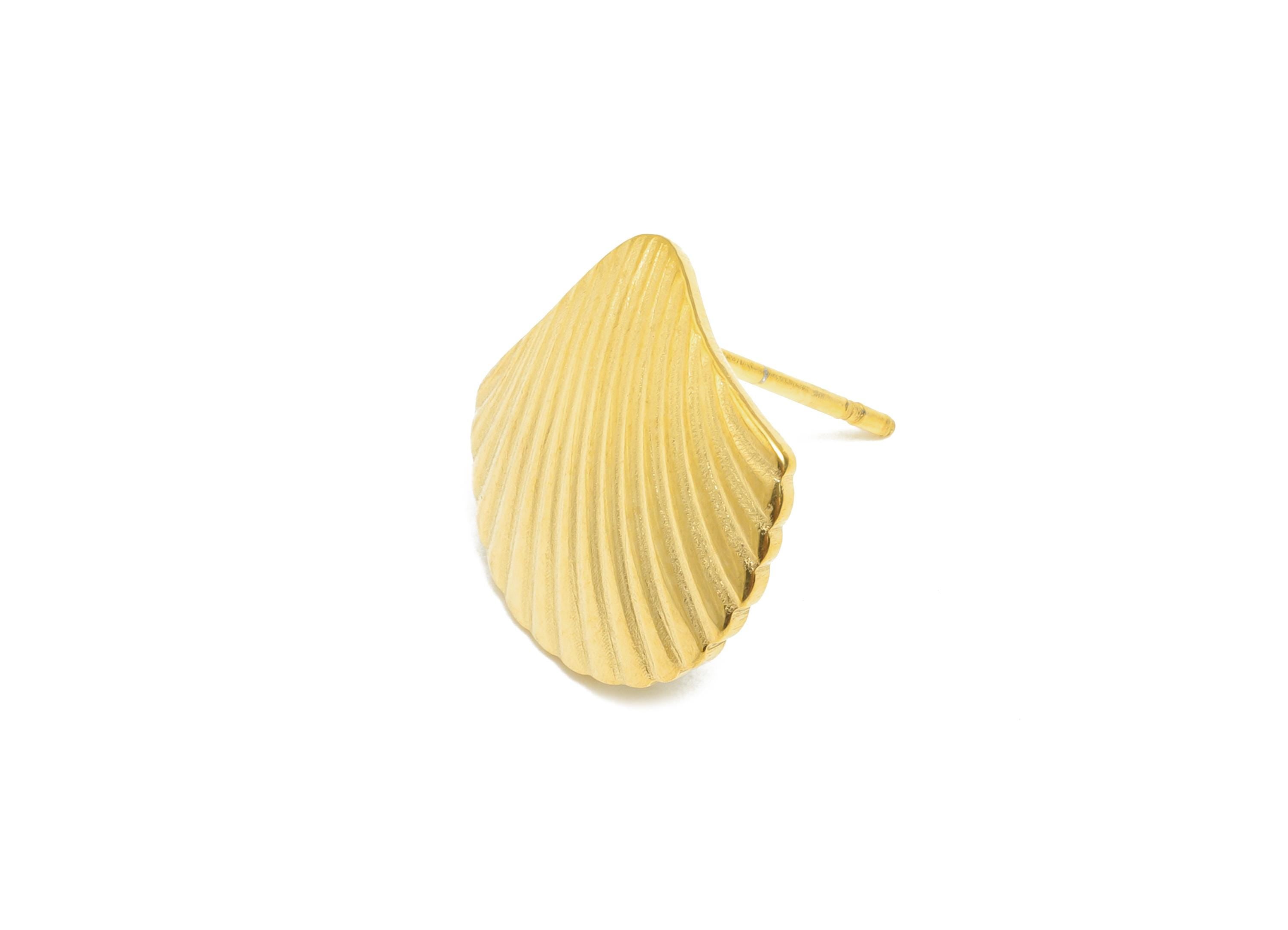 Steel Seashell Stud Earring - Steel Textured Beach Shell Jewelry - Steel Marine Life Earring Post - 24K Vacuum Plating - 14x14x1mm - SS2714G - DOMEDBAZAAR
