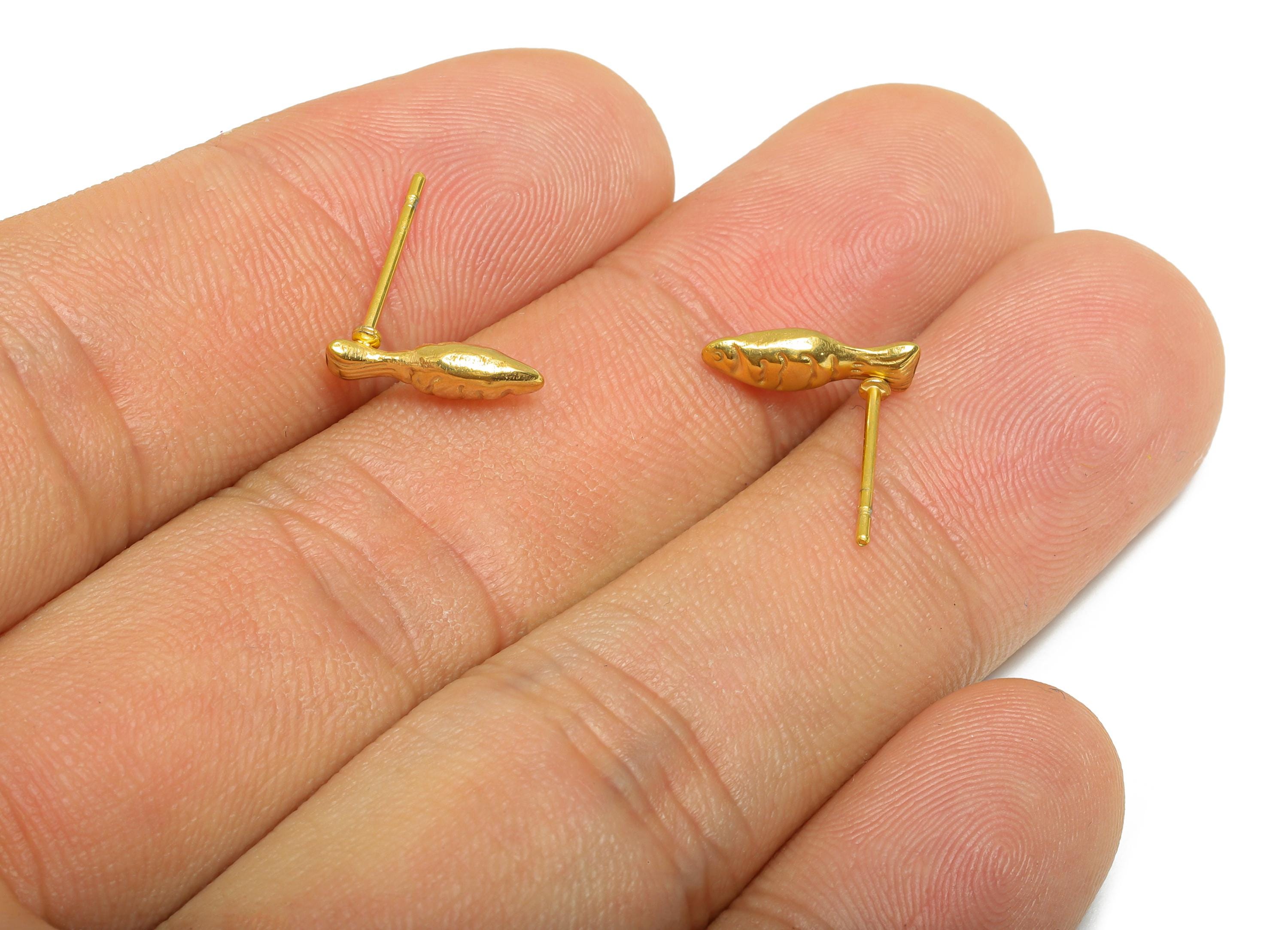 Steel Fish Stud Earring - Steel Tiny Textured Fish Earring - Steel Marine Life Earring Post - 24K Real Vacuum Plating - 12x4x2.7mm - SS2719G - DOMEDBAZAAR