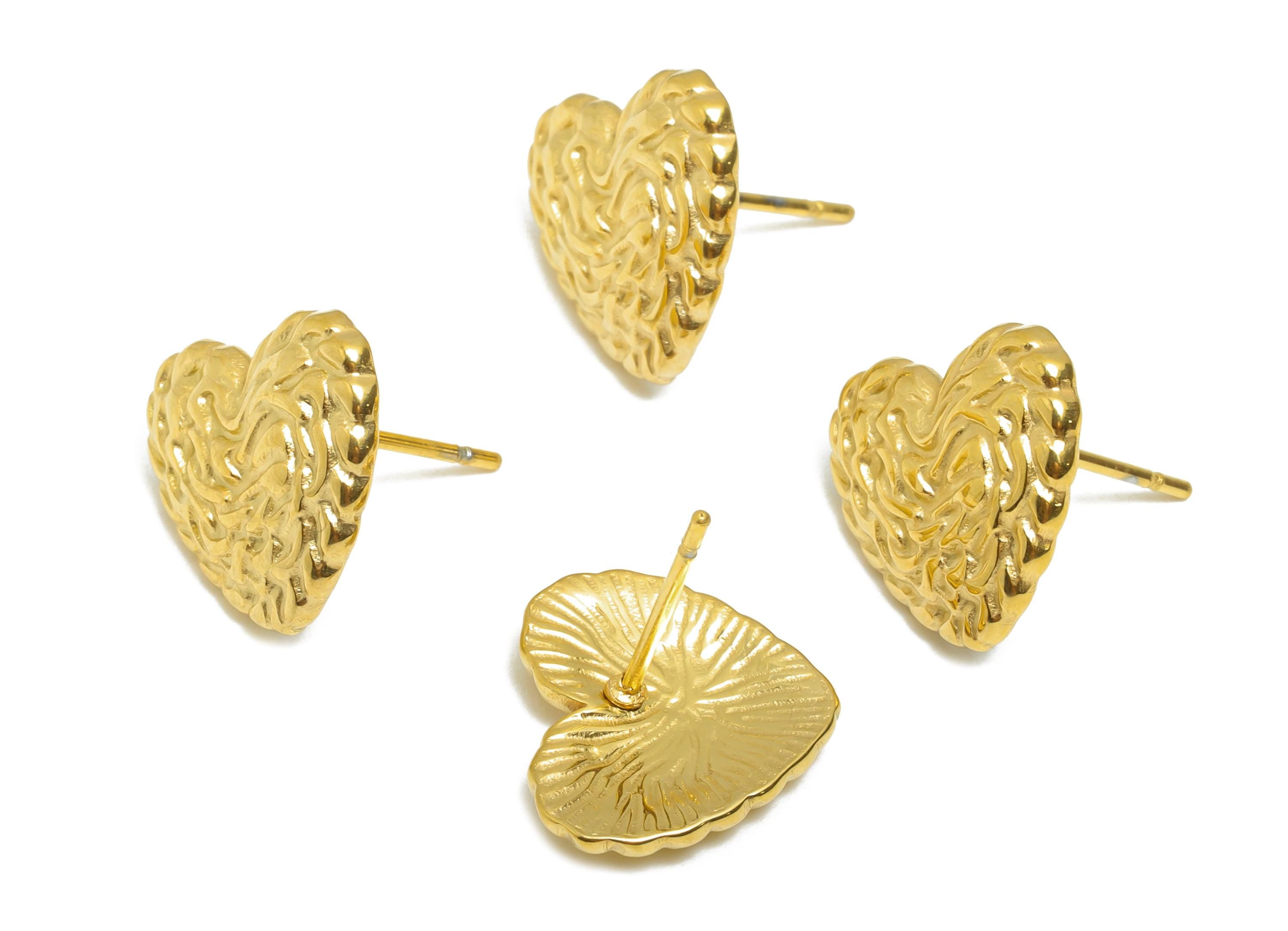 Steel Heart Stud Earring - Steel Textured Romantic Stud Earring - Valentine Jewelry - Steel Post - 24K Real Vacuum Plating-14x13x1mm-SS2729G - DOMEDBAZAAR