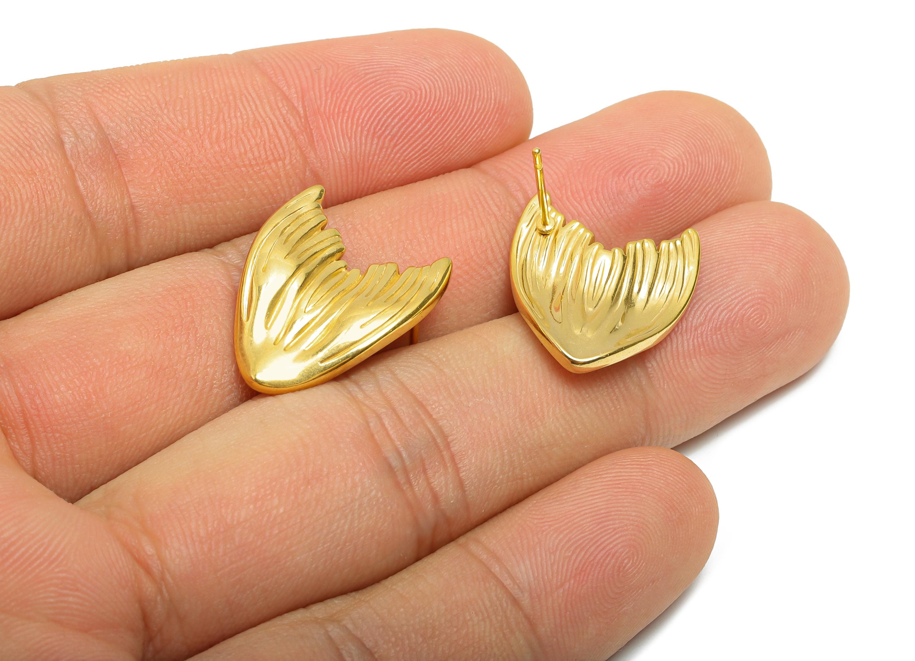 Steel Tail Stud Earring - Steel Whale Tail Earring Post - Textured Marine Life Earring - 24K Real Vacuum Plating - 21.65x16x2mm - SS2732G - DOMEDBAZAAR