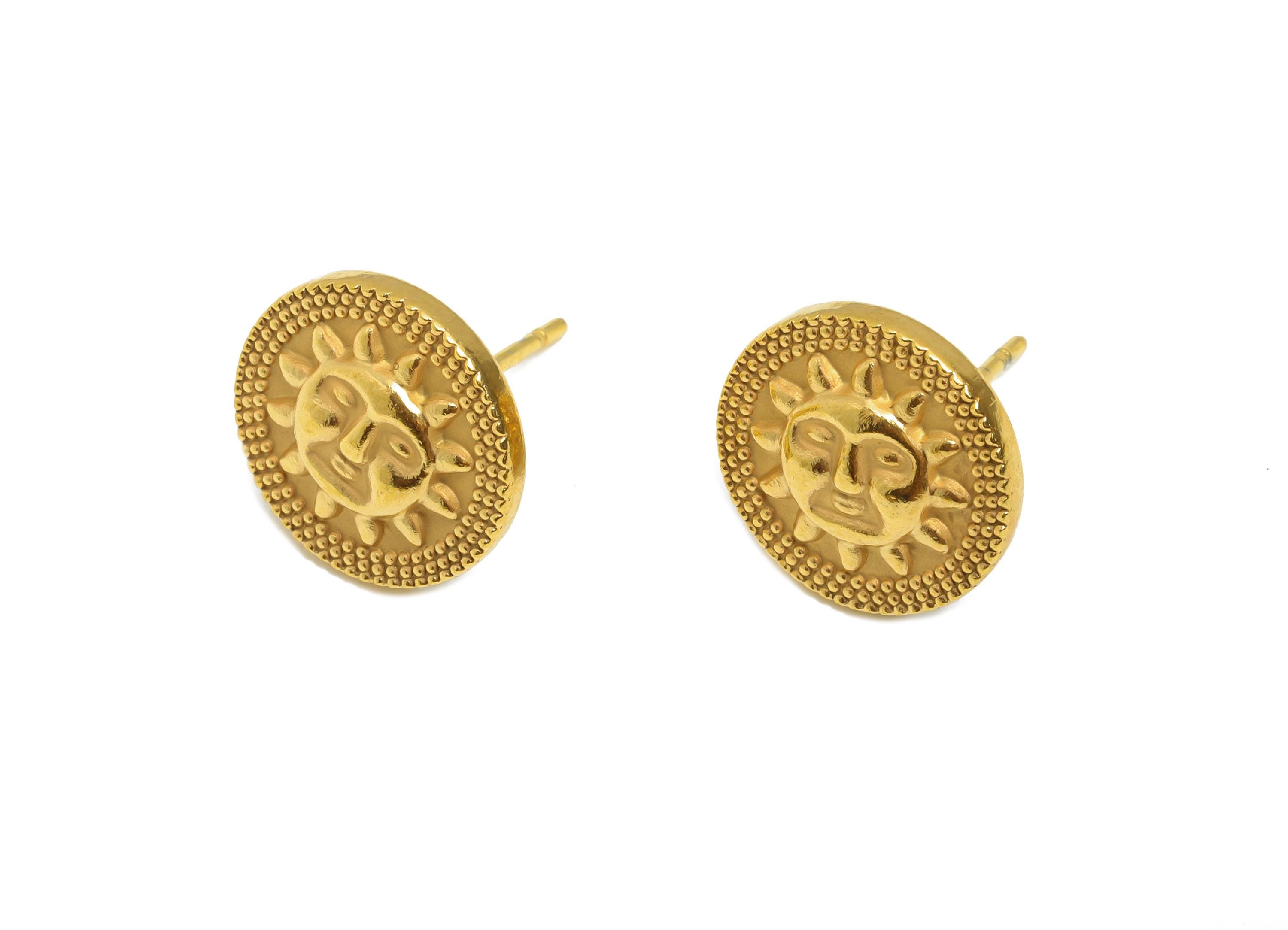 Steel Sun Face Stud Earring - Steel Round Celestial Stud Earrings - Bold Sunburst Earrings - 24K Real Vacuum Plating - 12x12x2.6mm -SS2728G - DOMEDBAZAAR